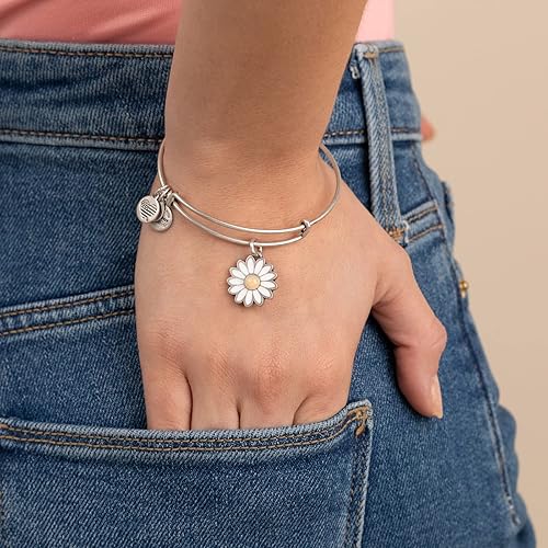 Miniatura 4 de Alex and Ani Brazalete expandible para mujer, dije de margarita, piedra preciosa de jaspe de piña, acabado rafeeliano, 2 a 3.5 pulgadas
