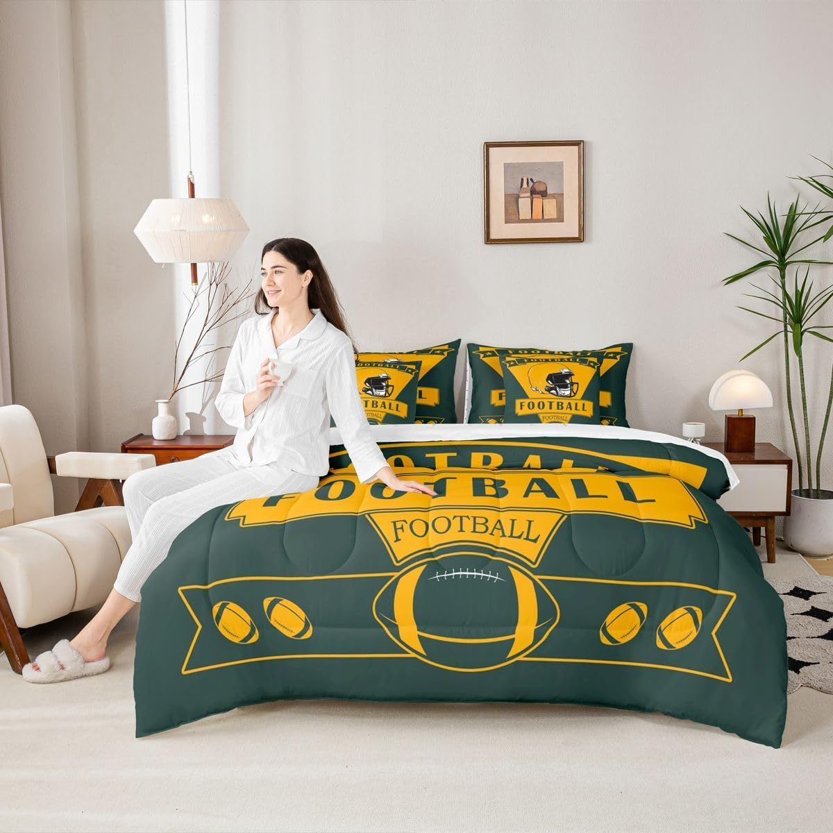 Loussiesd Calcio Piumino Letto Con Lenzuola 7 Pezzi 264X229cm(7-piece Set),green Bay Letto Trapuntato,american Football City Regali Per I Tifosi Di Calcio