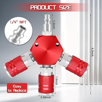 3 Way Air Hose Splitter,Red Air Manifold,Air Compressor Splitter 1/4 NPT Coupler, Flat Hex Manifold Air Couplers and Quick Connect Plug,with 1/4