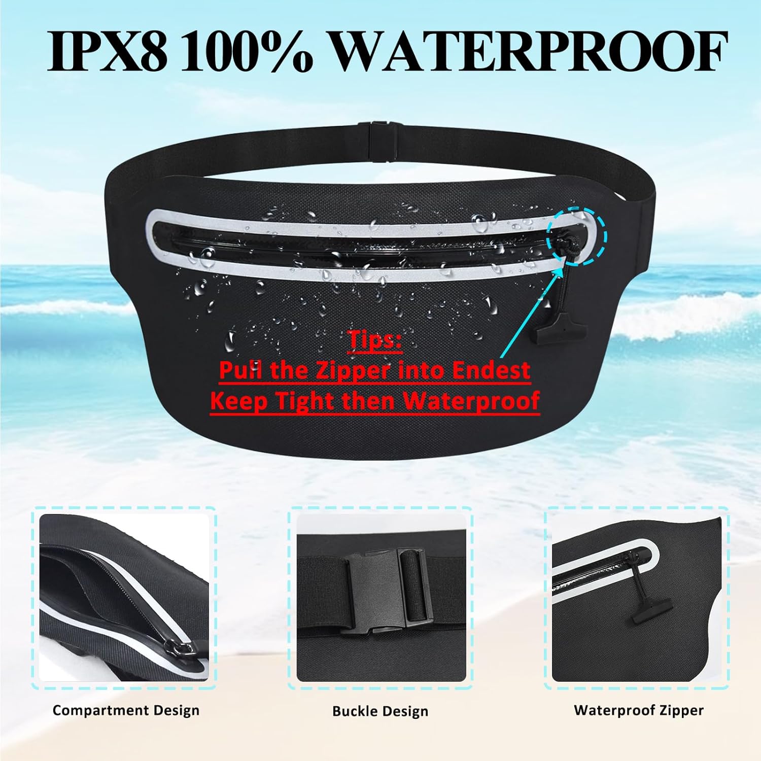 Large Waterproof Fanny Pack for Swimming Small Dry Bag Kayaking Boating Floating Snorkeling Beach Travel, Water Proof Pouch Running Belt for Phone iPhone Women Men Kids Girls Black Waist Bag
