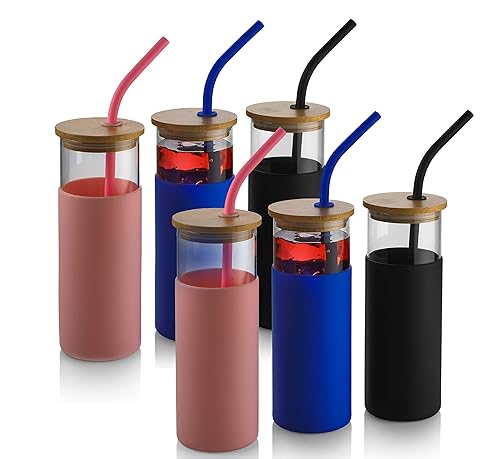 PARNOO Paquete de 6 vasos de vidrio de 18 onzas con tapas y pajitas, vasos de viaje de vidrio rosaazulnegro con popote de silicona, funda protectora