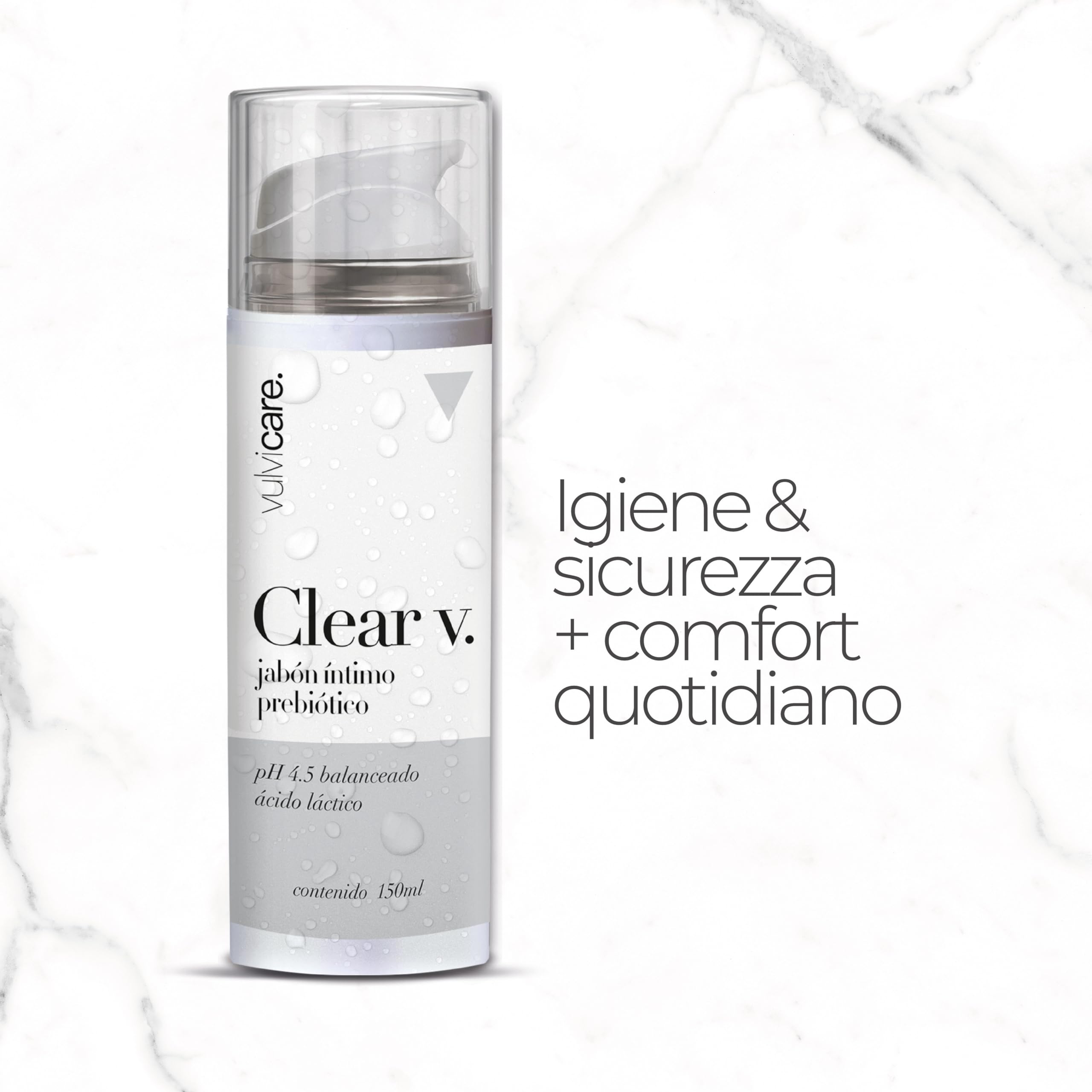 Vulvicare Clear V Sapone intimo prebiotico pH 4,5 bilanciato 150ml - Con acido lattico per un microbiota equilibrato - Igiene e cura vulvovaginale