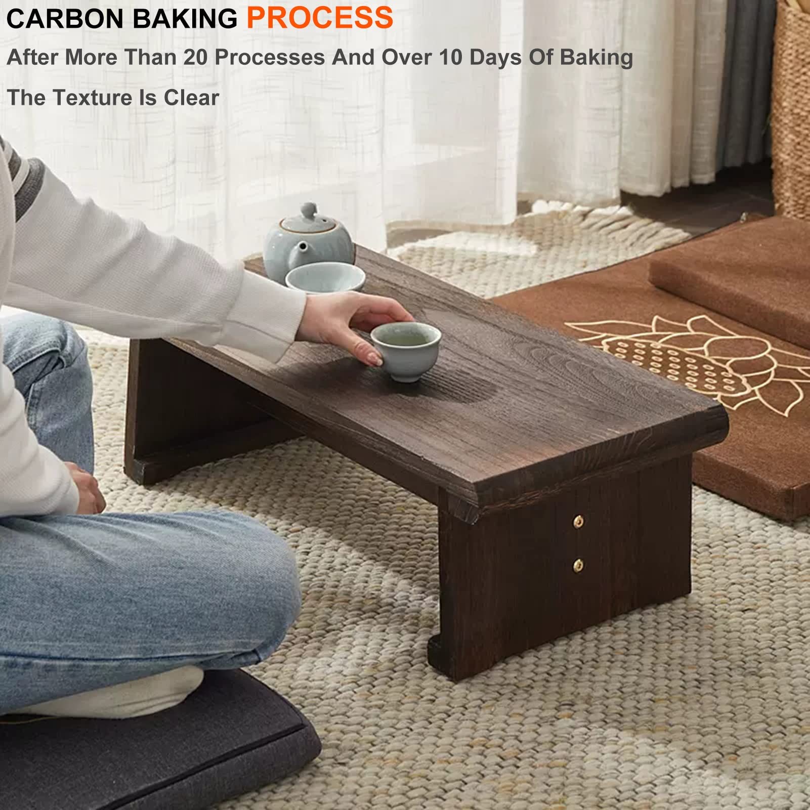 Japanse theetafel, draagbare erkertafel, tatami-tafel met opklapbare poten, voor het serveren van ontbijt, thee, koffie, eten, studeren, tekening, notebookstandaard voor bankvloer (kleur: bruin, maat