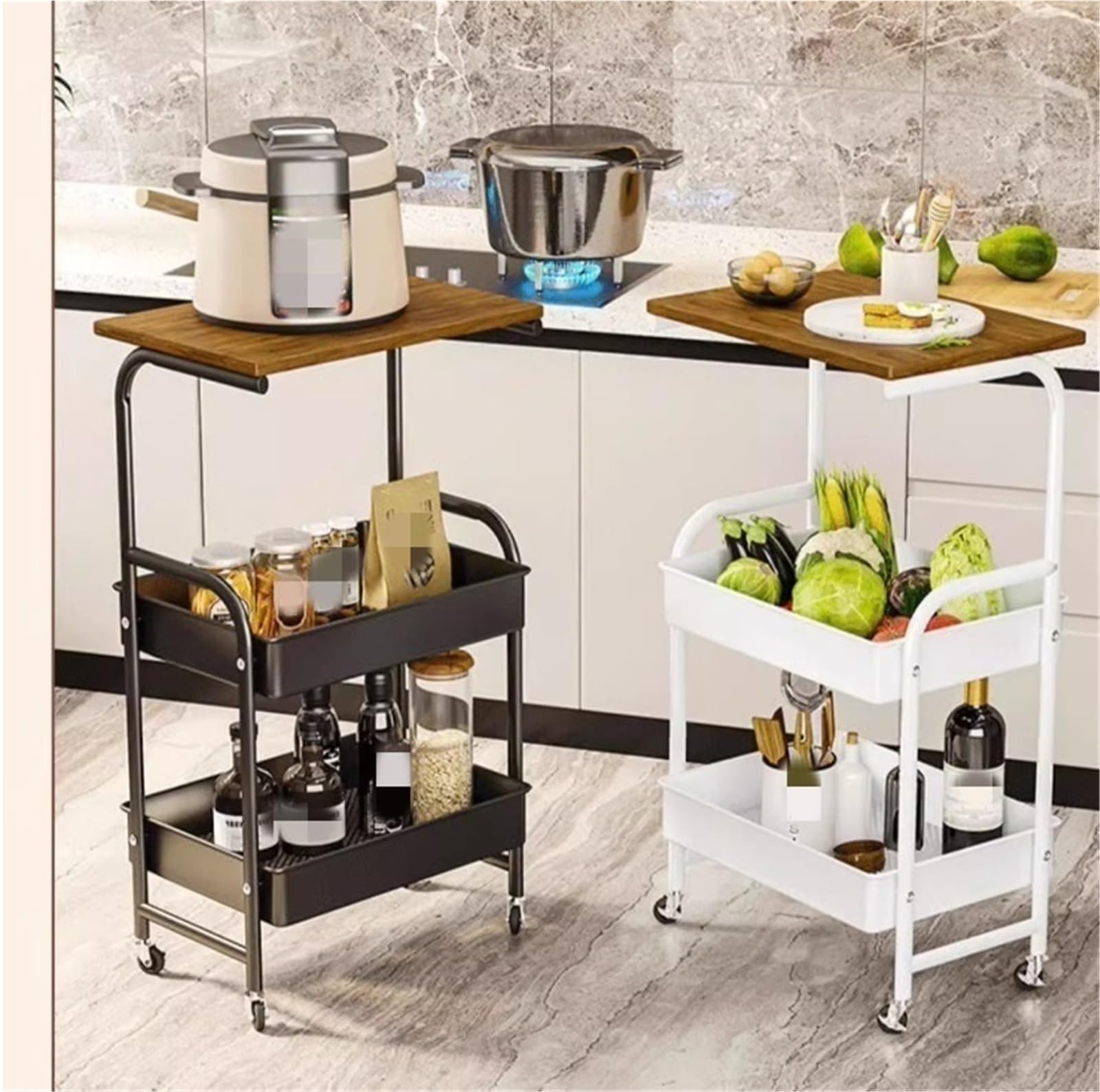 Carrello di servizio in metallo a 3 livelli Rolling Sto nizer con piano in legno le carrello da cucina carrello decorativo per soggiorno Utili Cart