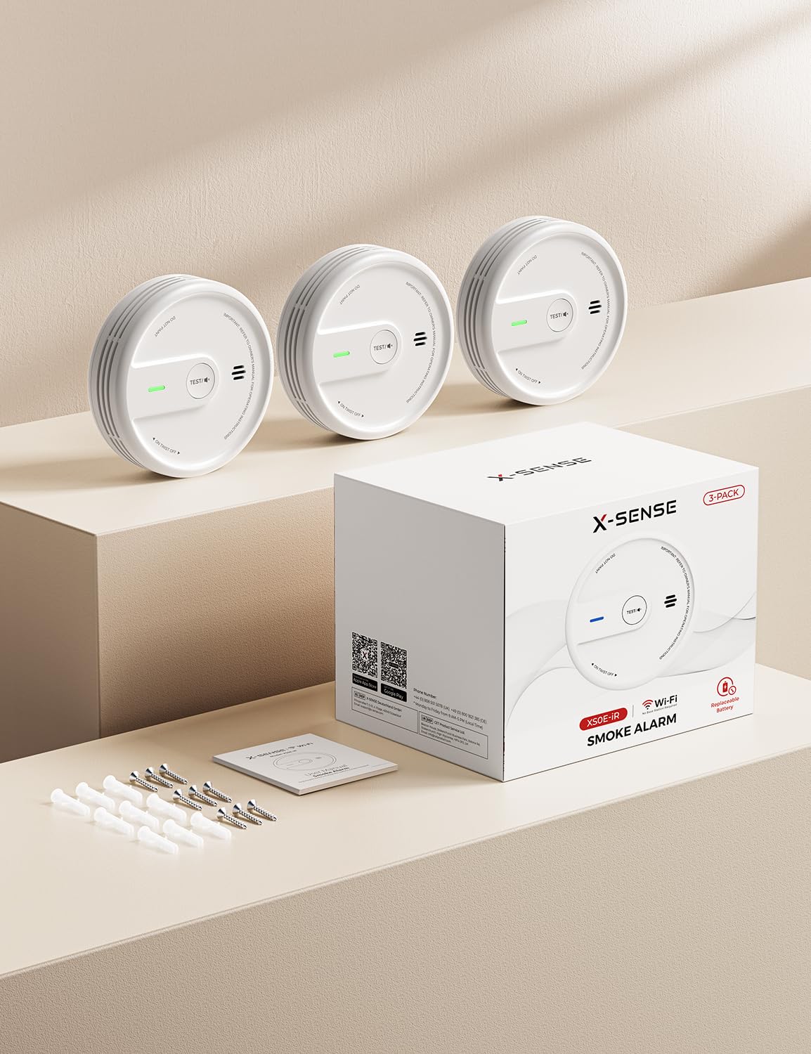 X-Sense Rilevatore di Fumo con Funzione Wi-Fi e App, Allarme Antincendio Intelligente per Casa, Sensore Durata 10 Anni con Batteria Sostituibile, Modalità Notturna, XS0E-iR, 3 Pezzi