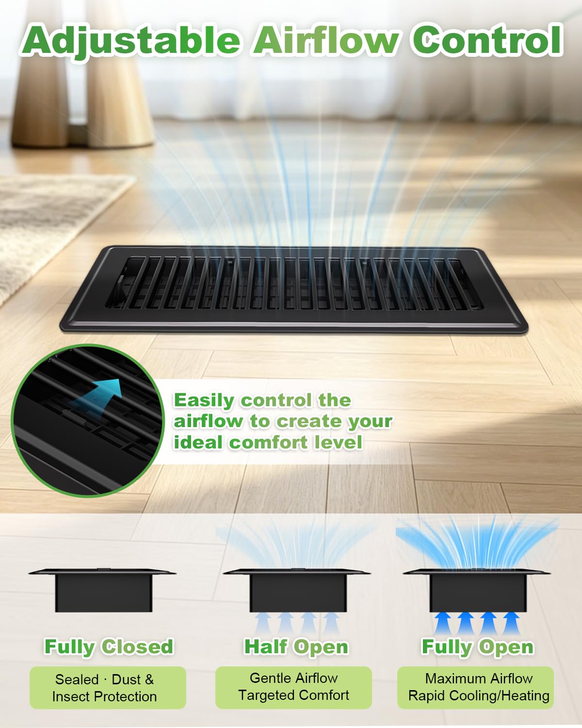 Lot de 4 grilles d'aération noires pour sol de la maison, en métal enduit de pulvérisation antirouille avec levier de commande réglable, idéal pour les systèmes CVC, les aérations de sol du salon et