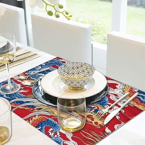 Miniatura 5 de Juego de 4 manteles individuales de dragón chino naranja, rojo y azul, estilo granja, para mesa de comedor, cocina, hotel, decoración lavable