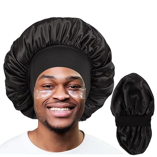 Gorro de satén de doble capa para hombres, gorro de satén de doble capa para mujeres negras, gorro de dormir reversible (grande, negronegro)