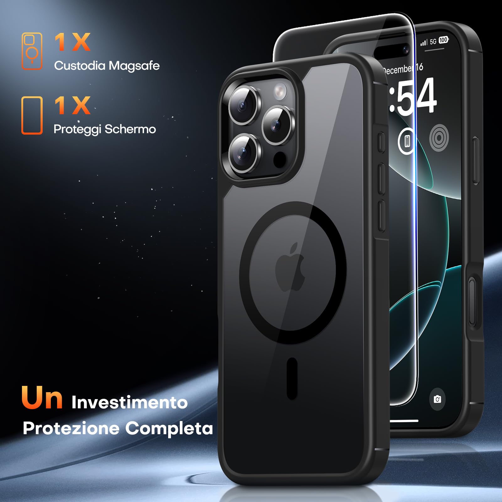 TAURI Magnetica Cover per iPhone 16 Pro [Compatibile con MagSafe] con Pellicola in Vetro Temperato, Custodia Rigida per Sottile Anticaduta - Nero
