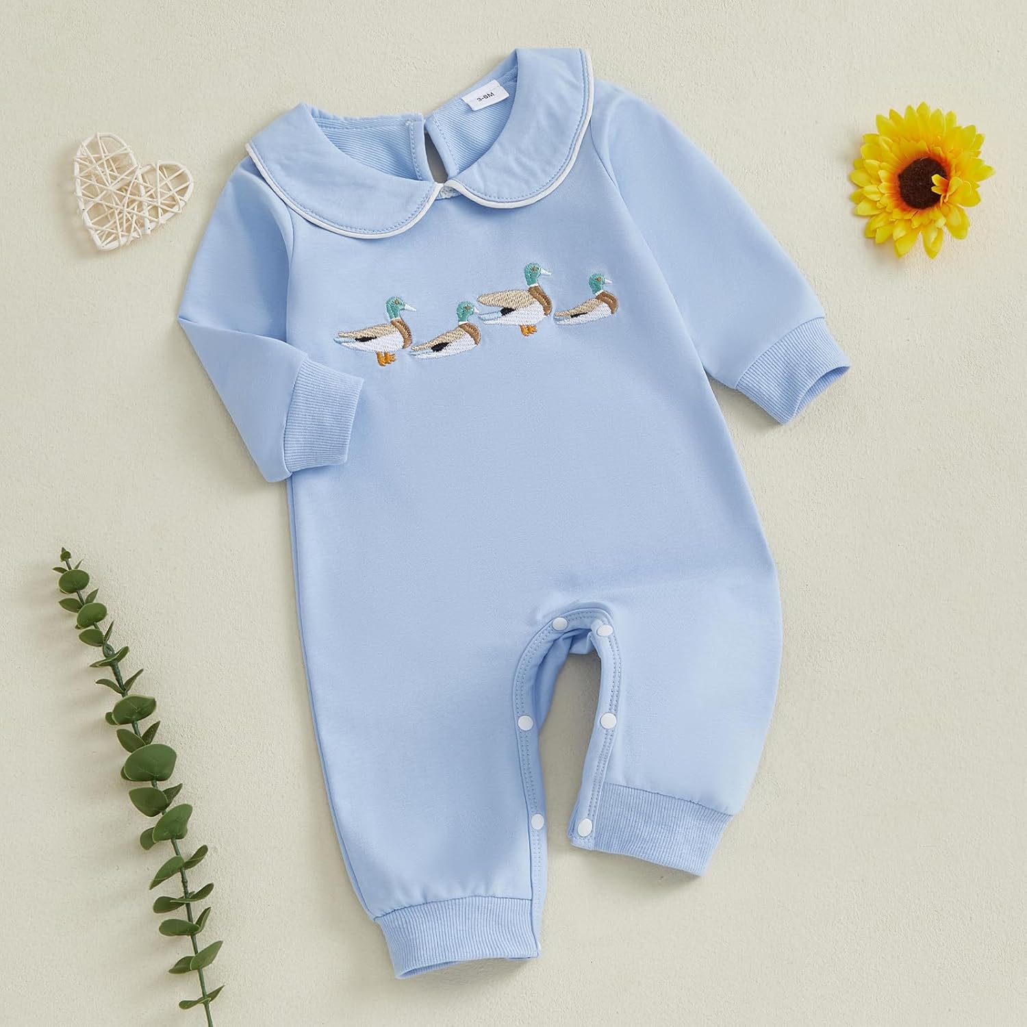 SAYOO Infant Baby Boy Girl Mallard Duck Romper Jumpsuit Green Duck Embroidery One Piece Waffle Overalls Hunting Baby Clothes - Image 5