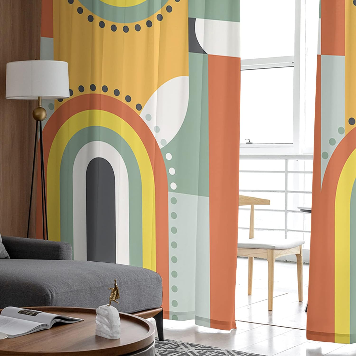 Sheer Curtains 108 Inches Long, Mid-Century Modern Art Geometric Abstract Yellow Orange Window Treatment Panels Rod Pocke Curtain Voile Drapes for Bedroom/Living Room Each 52" W x 108" L