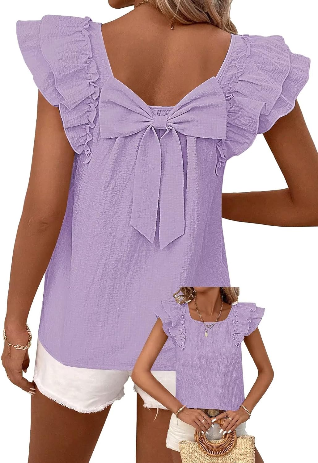 Womens Bow Tie Back Tops Round Neck Ruffle Short Sleeve Shirts Cute Babydoll Chiffo...