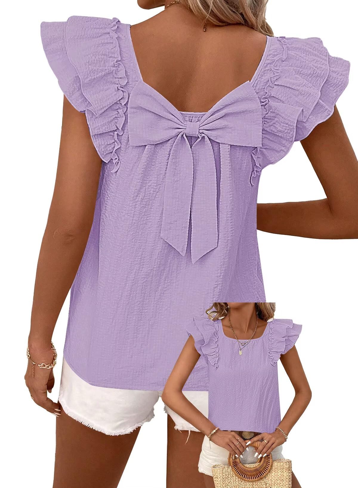 TUUHAW Top Damen Sommer Süße Oberteile Rundhals T-Shirt Kurzarm Bluse mit Rüschen Tunika Lässige Outfits Chiffon Puffärmel Rücken-Schleife Kleidung