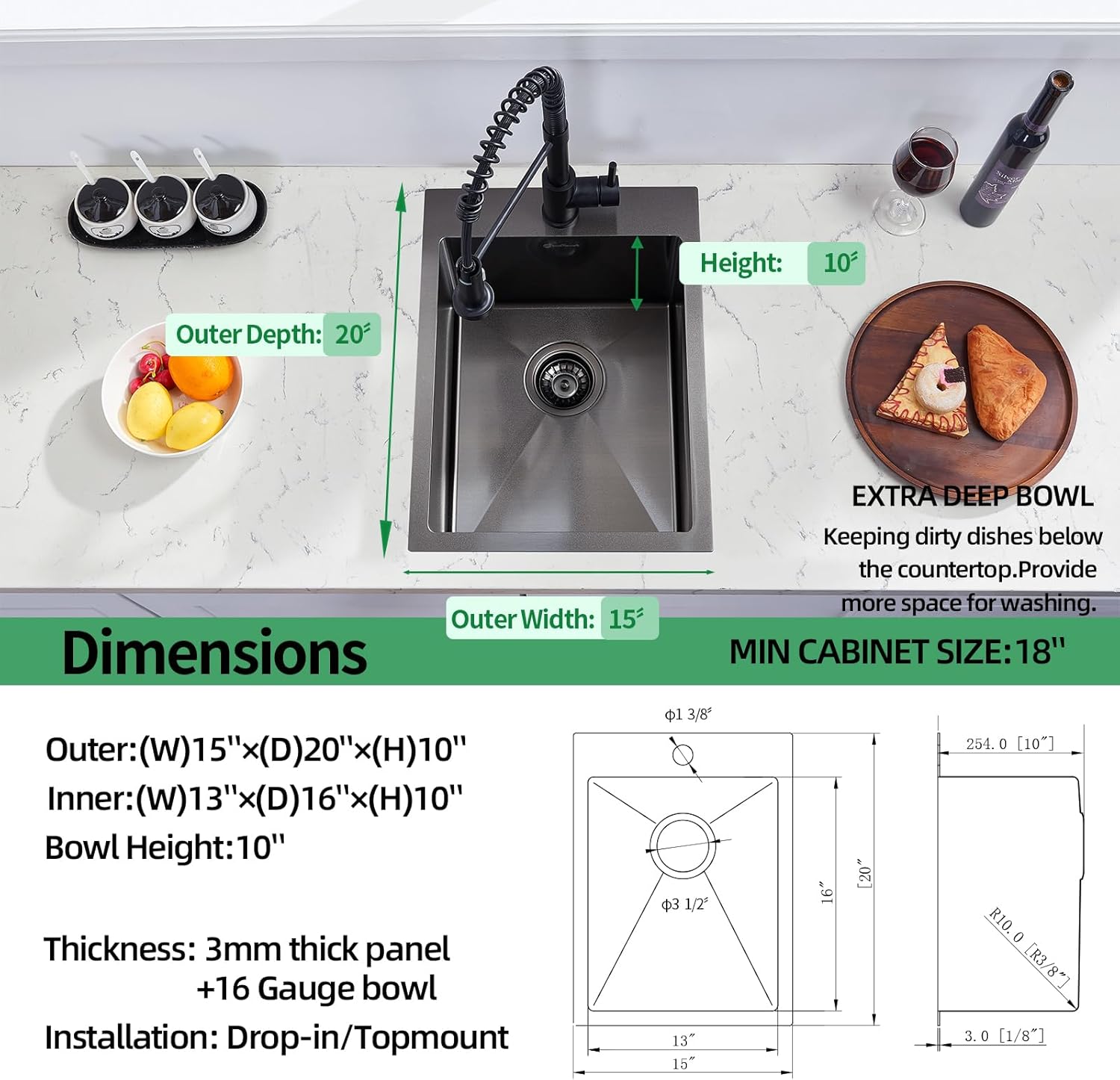 Drop In Kitchen Sink, 15 x 20 Inch Single Bowl Topmount Small Bar Sink 16 Gauge T-304 Stainless Steel Gunmetal Black Kitchen Sinks