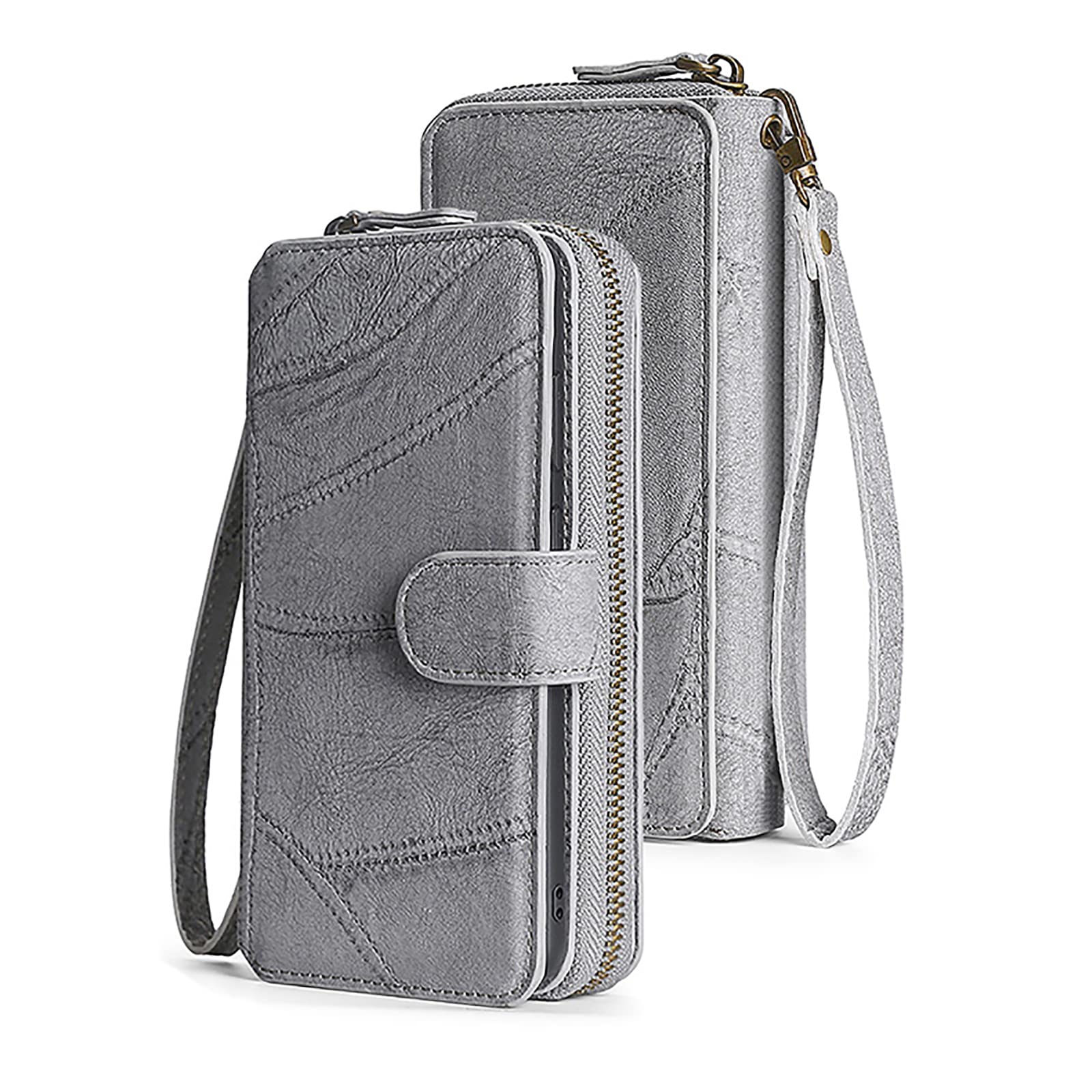 Funda tipo cartera para IP 14 Pro Max con tarjetero desmontable y correa gris 8