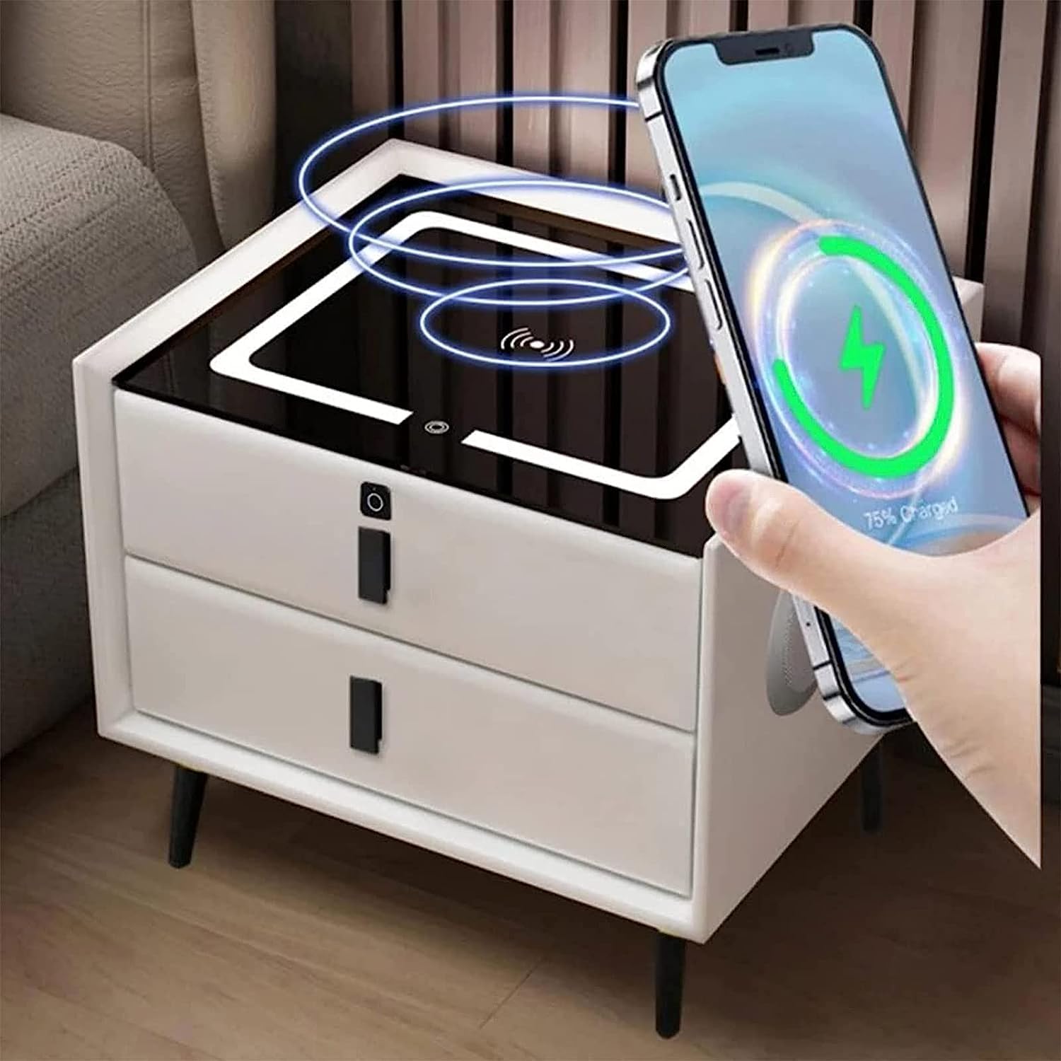 BHGFYXBS Smart Nightstand Smart Bedside Table With Wireless Usb Chargingo With Drawers 3 Color Light And Fingerprint Lock For Bedroom/H,H,H,H