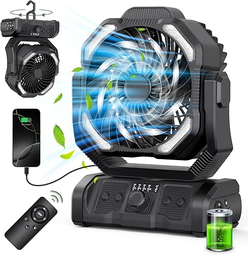 ONLYNEW Ventilador portátil de campamento recargable de 20000 mAh, funciona con pilas, ventilador oscilante USB C alimentado por batería con