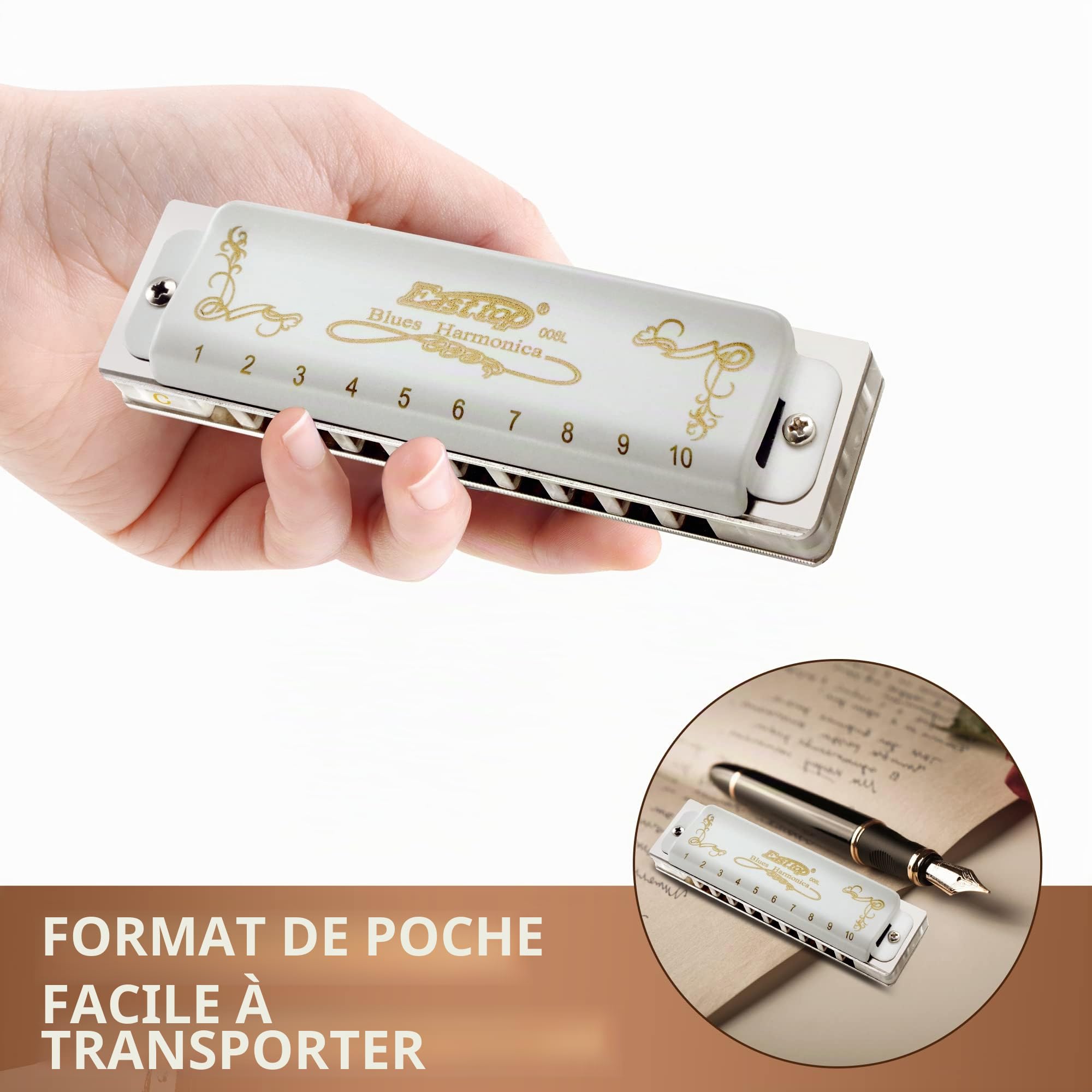 East top Harmonica Adulte Diatonique en Do 20 tons T008L avec Couverture Blanc, Harmonica Blues Diatonique en do, harmonica diatonict pour Débutants et étudiants, comme meilleur cadeau