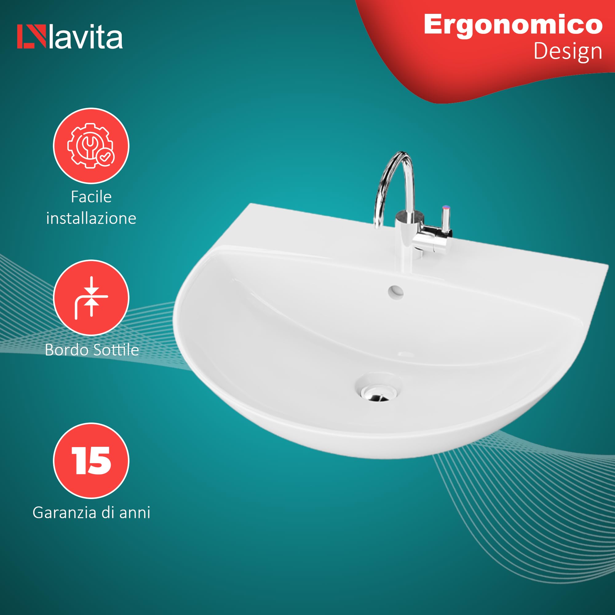 LAVITA Lavabo sospeso Corel, lavabo sospeso, lavabo rotondo, lavabo con troppopieno e foro per rubinetto, ceramica di alta qualità, bagno, 56 x 47 x 19 cm, bianco lucido