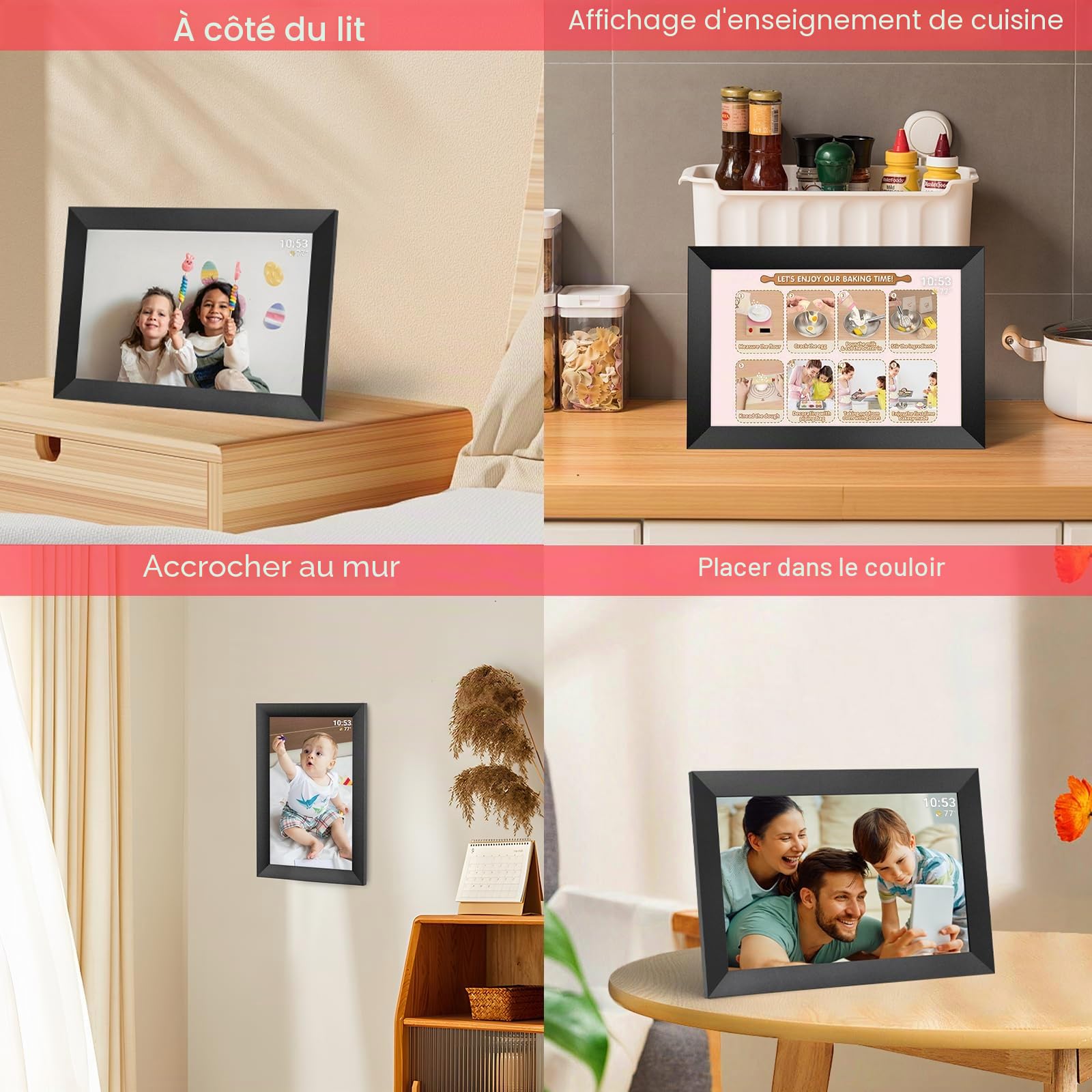 Hesmor 64 Go Cadre Photo numérique Frameo WiFi 10,1", écran Tactile LCD IPS 1280 x 800, Rotation Automatique et Audio, Partage de Photos ou de vidéos Via l'application Frameo n'importe oùn, Noir