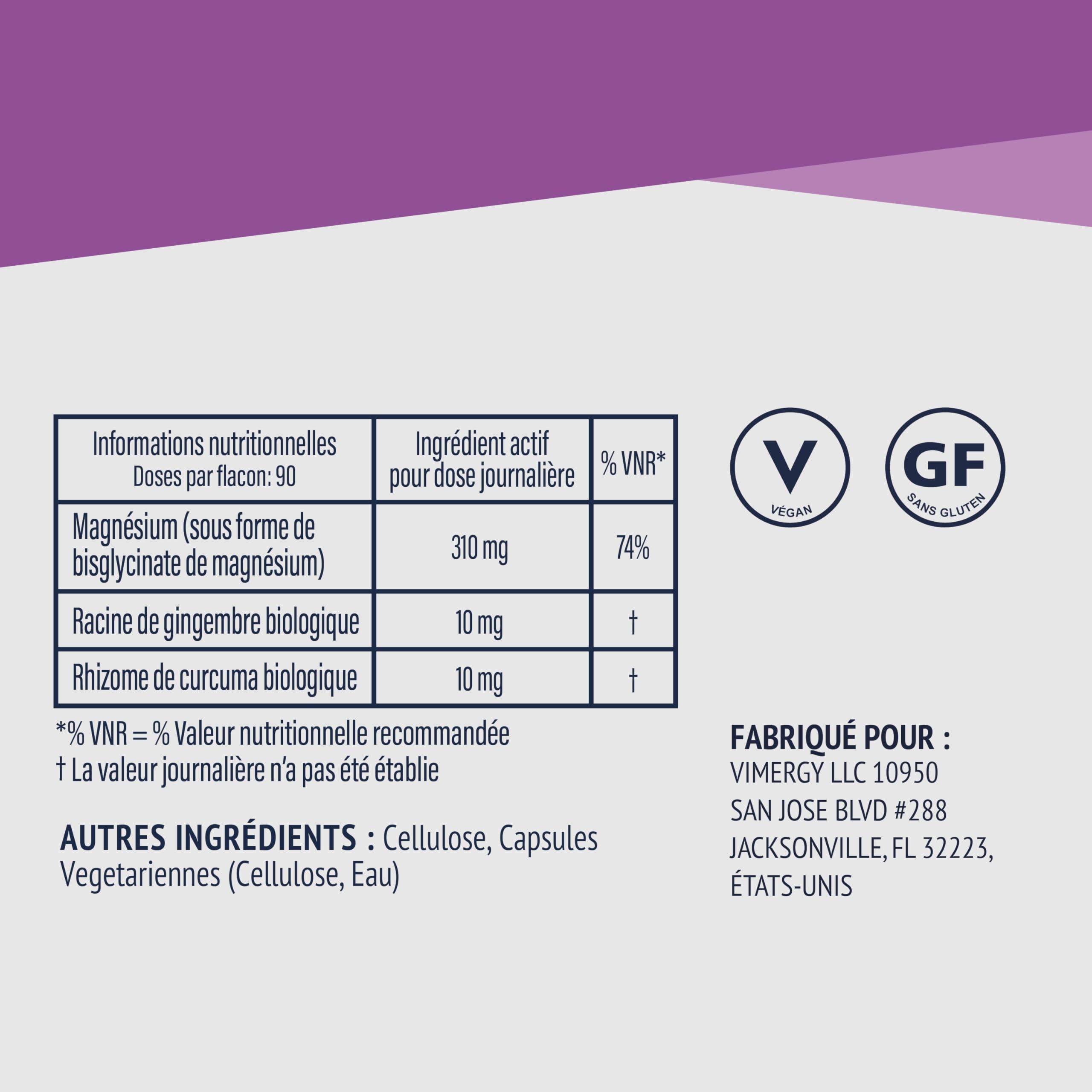 Vimergy Magnésium Glycinate – 90 Portions – Soutien Énergétique et Réduction de la Fatigue – Complément de Magnésium Doux pour les Intestins - Curcuma et Gingembre – Sans Gluten Céto/Paléo sans OGM