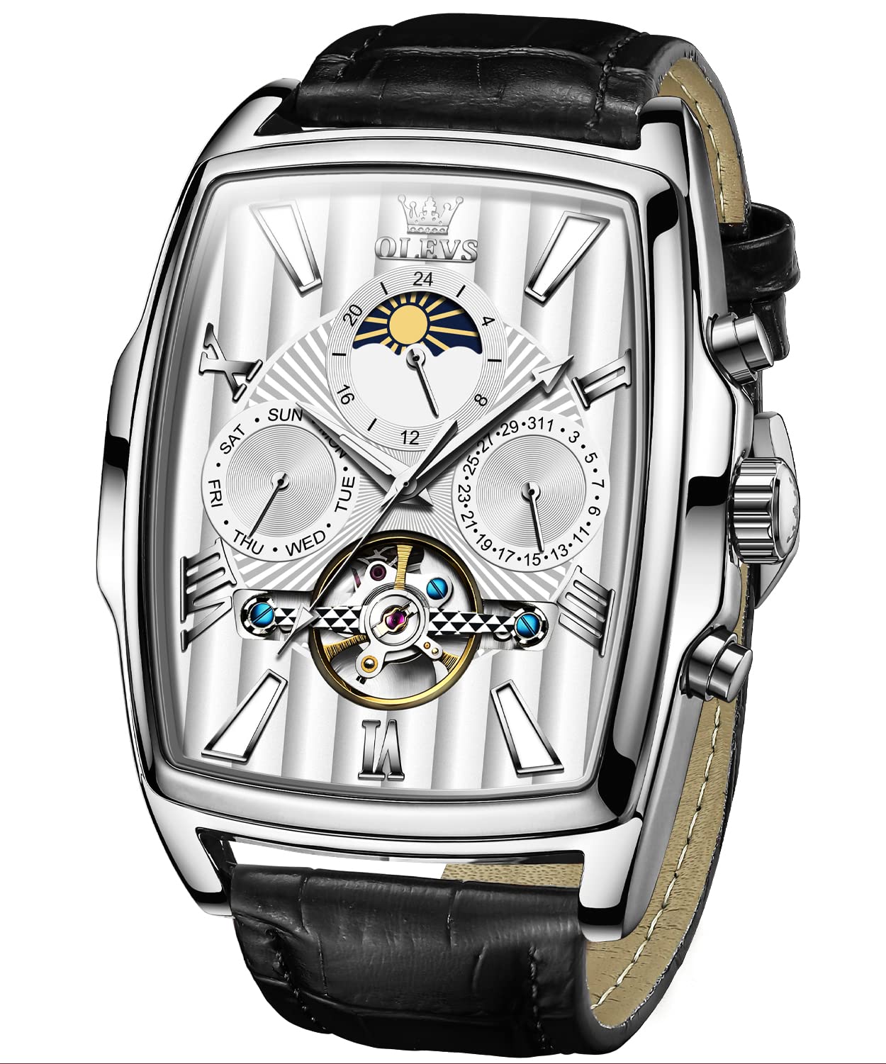 Automatic Dress Mens Watches Square Brown Leather Strap Moon Phase Skeleton Tourbillion Day Date Waterproof Luminous Men's Wrist Watches