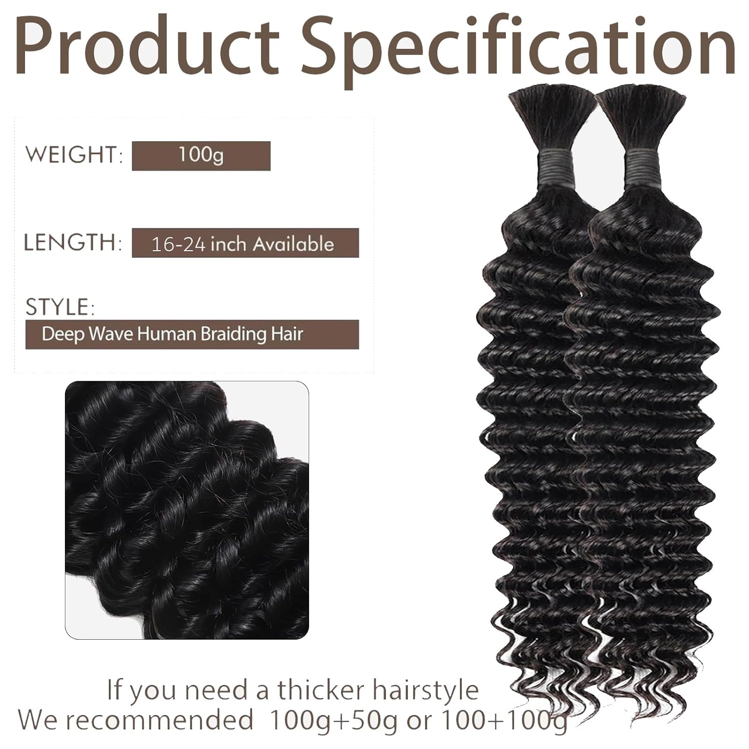 Braiding Human Hair 20 Inch Deep Wave Natural Black Human Hair Extensions 2 Bulks 12A Unprocessed Brazilian Virgin Hair Quick Weave Bulks Curly Human Hair Extensions for Boho Braids