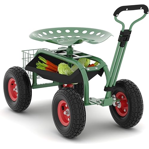 Garden Rolling Stool with Wheels – Outdoor Garden Chair for Patio and Lawn - 360° Swivel Seat Gardening Cart with Tool Tray & Steering Handle for Easy Planting and Yard Work