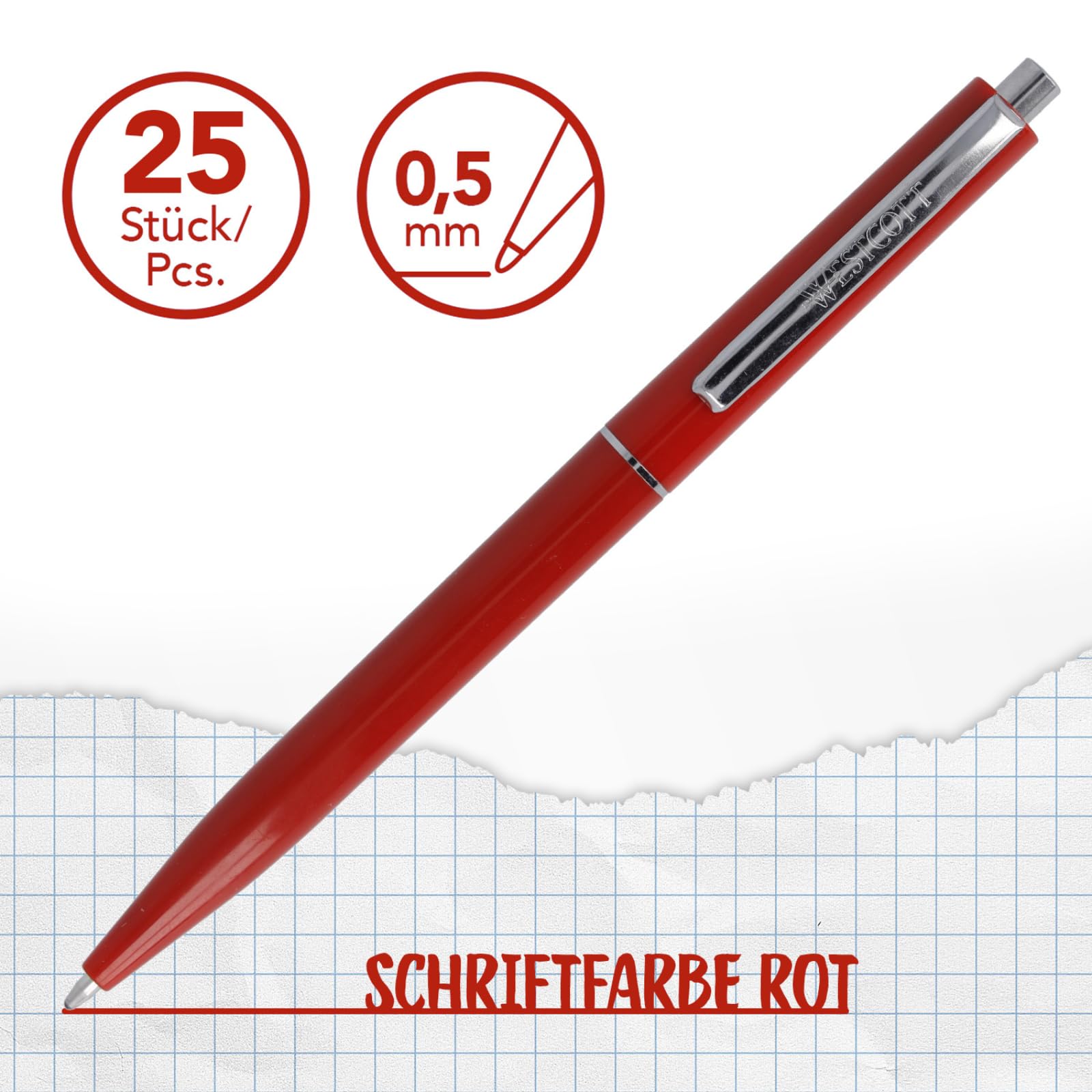 Westcott Kugelschreiber ALLTIME Rot 25 Stück (40er-Pack) | Großpackung Druckkugelschreiber mit roter Tinte | Strichstärke M, X20 | Dokumentenecht ISO 12757-2 | Stabiler Metallclip | E-737449 00