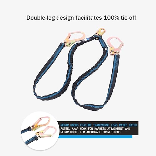 Miniatura 6 de Cordón de Arnés de Seguridad de Doble Pierna de 6 Pies, Cordón de Protección contra Caídas con Absorción de Impactos Interna Resistente a la