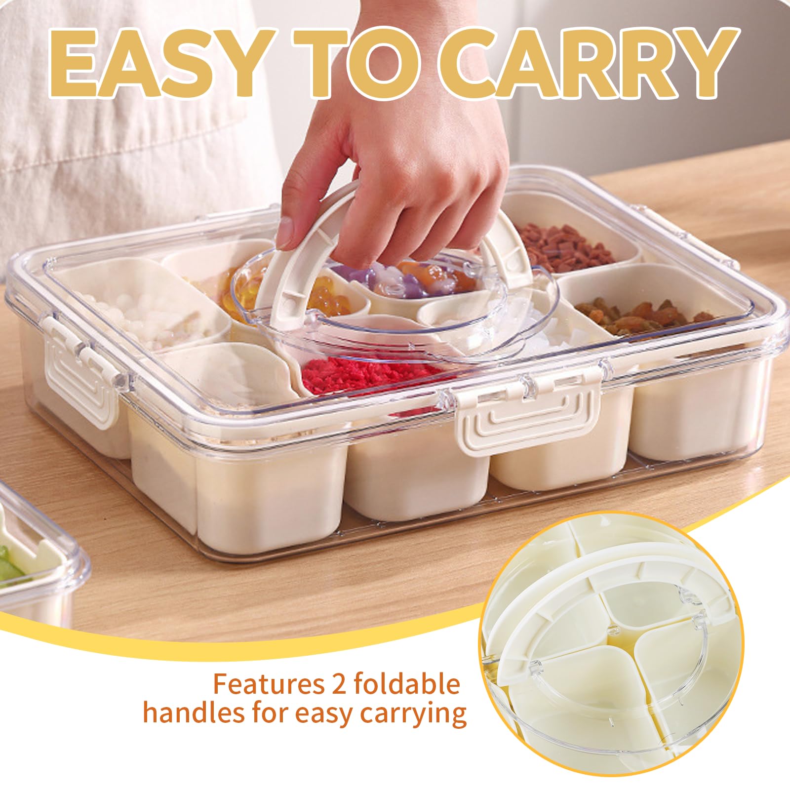 weiclianhp Ciotola per snack con coperchio e scomparti, rotonda con 5 scomparti, piatto per snack con scomparti con coperchio e manico, organizer per snack, noci, spezie, caramelle, dessert