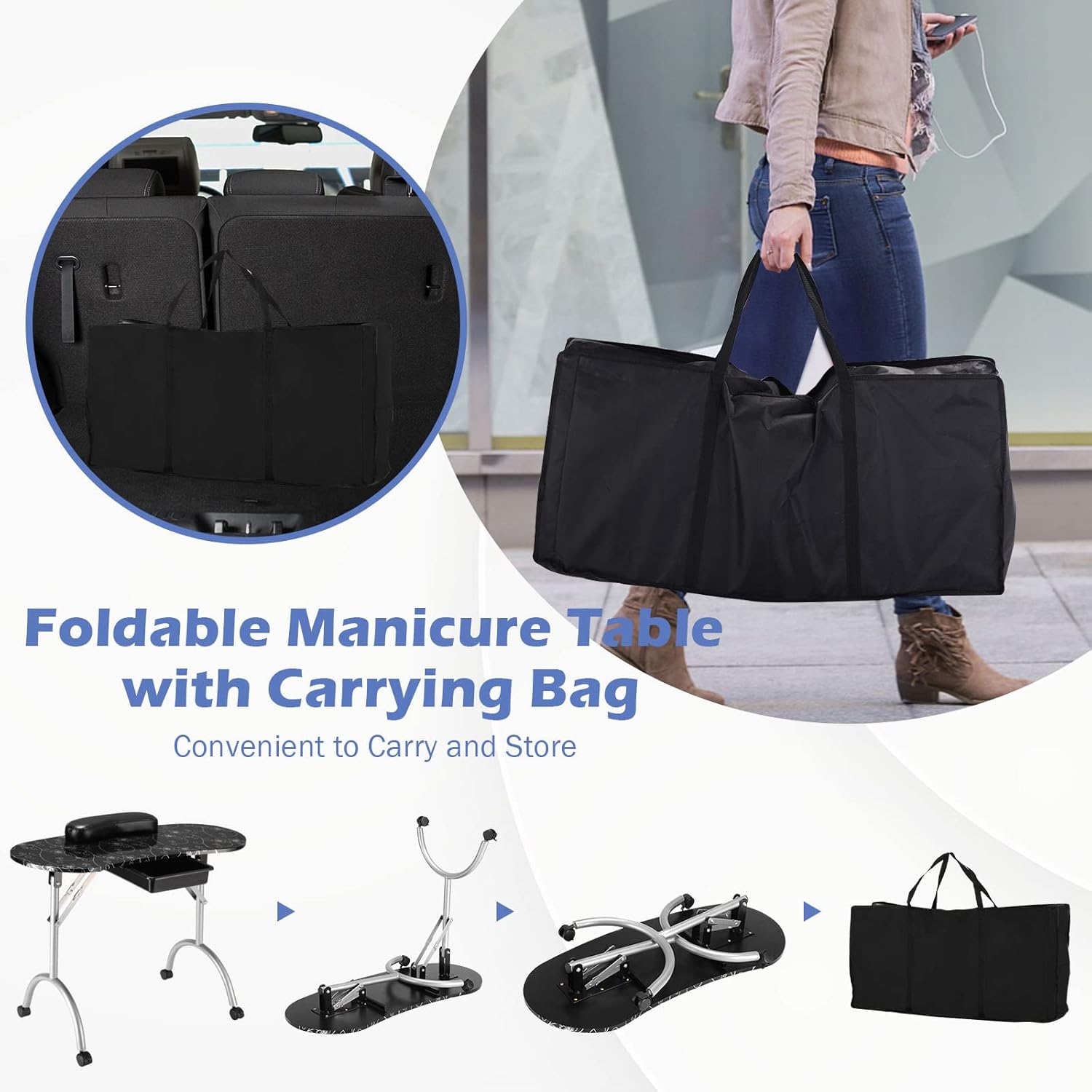 Giantex Portable Manicure Table folding sequence and carrying bag.