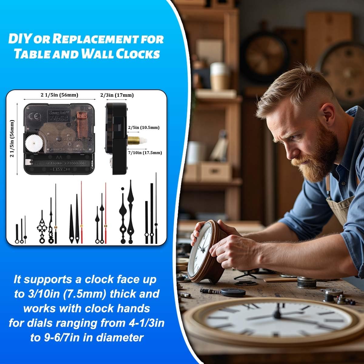 2 Non Ticking Clock Movements with 6 Pack Different Size Clock Hands, DIY Repair Parts Replacement, Battery Operated