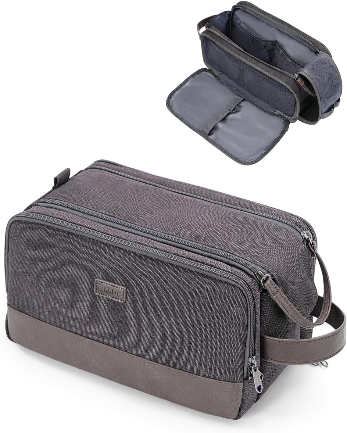 WANDF Toiletry Bag for Men Travel Toiletry Organizer Canvas and Leather Dopp Kit Water-Resistant Shaving Bag for Travel Accessories (Grey, Large)