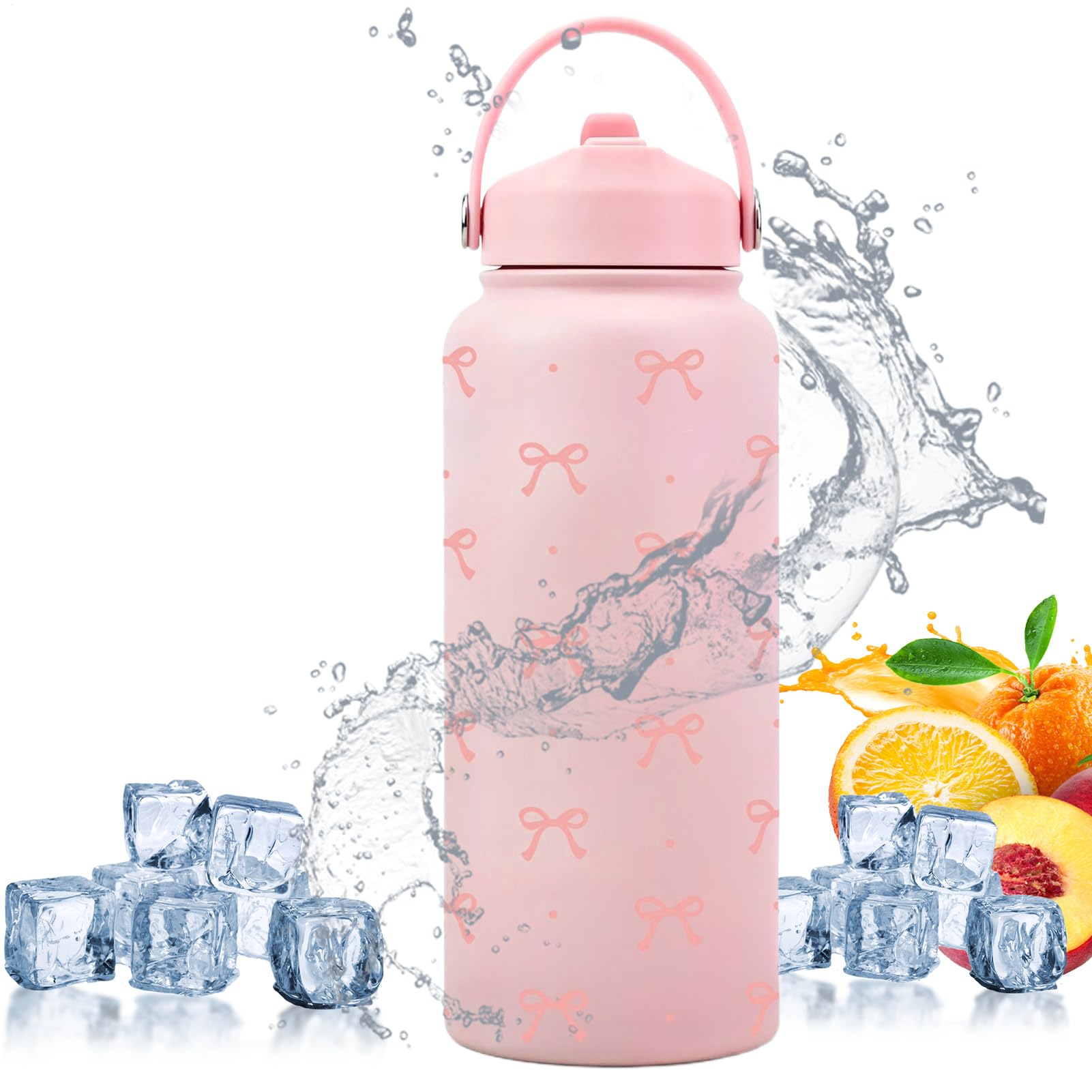 Insulated Bottle,1L Bow Pattern Stainless Steel Vacuum Flask - Leakproof Water Bottles with Straw - for Coffee, Drinks, Sports, Home, Travel