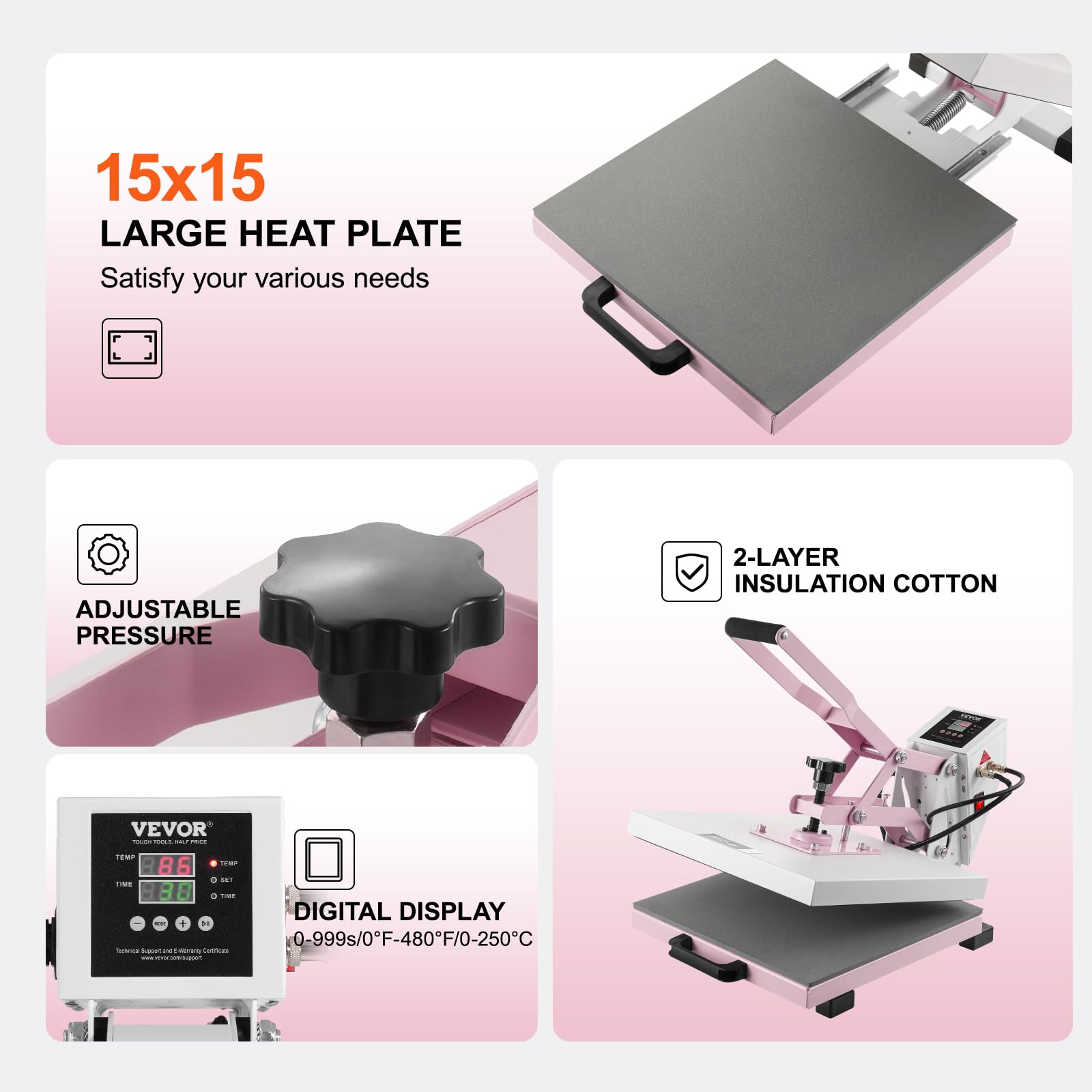 VEVOR Pressa a Caldo 380 x 380 mm Macchina per Pressatura a Caldo Digitale, Riscaldamento Rapido Uniforme, Cotone Isolante a 2 Strati, Macchina per Trasferimento Termico per Magliette/Cuscini, Rosa