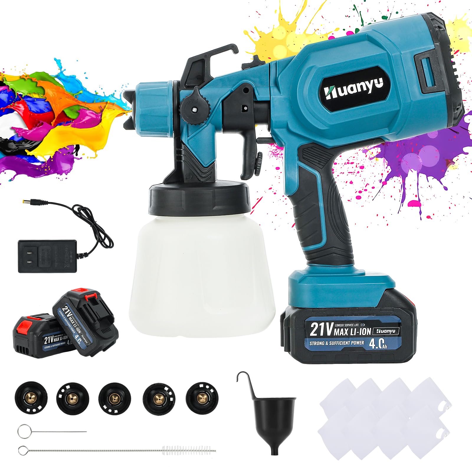 Huanyu Spruzzatore di vernice a batteria con 2 batterie da 21V 4.0Ah e 5 ugelli pistola a spruzzo per verniciare da 900 ml con 3 modelli pistola a spruzzo elettrico per la pittura di mobili domestici