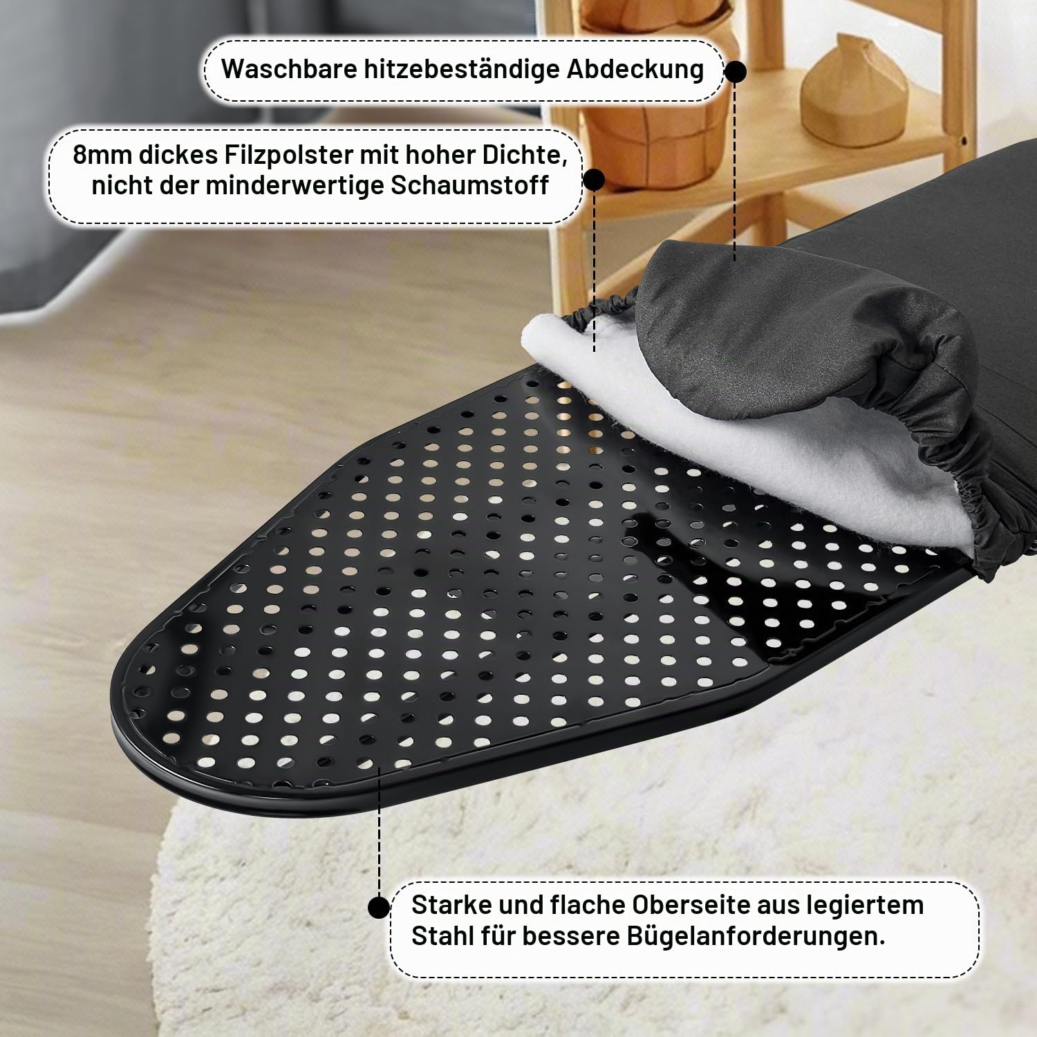 Duwee Wandmontierte Bügelbrett mit Stahlplatte, Faltbarer Bügelbrett-Schrank mit hitzebeständigem Deckel, Kompaktes Wandmontiertes Faltbrett für kleine Räume, Schwarz, 32 x 93 cm