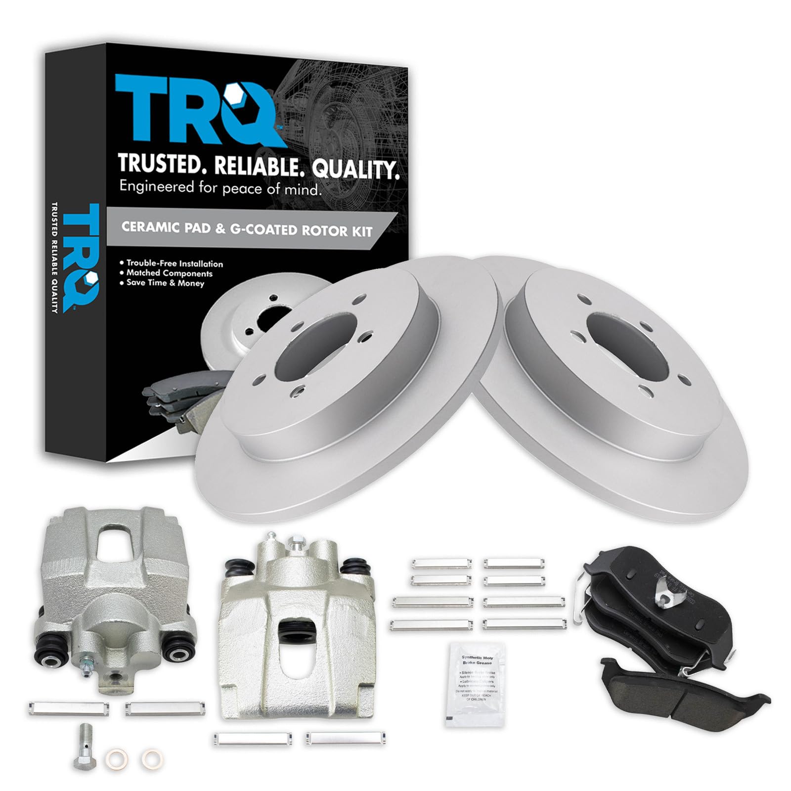 TRQ Rear Brake Pad and Rotor Set Ceramic Solid Rotors Calipers