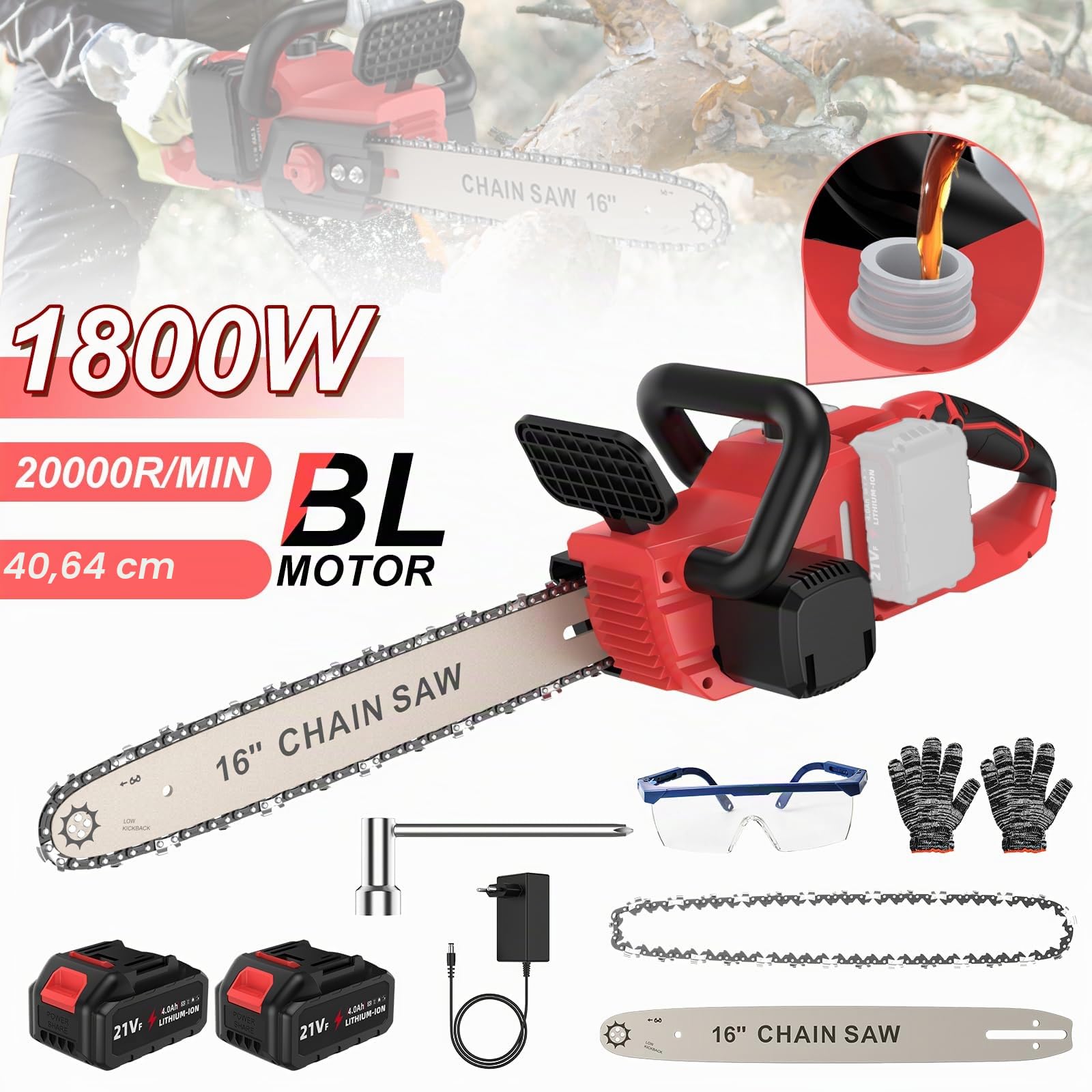 Motosierra eléctrica con batería de 16 pulgadas, 42 V (21 V*2), con 2 baterías de 4000 mAh, motor sin escobillas de 1800 W, lubricación automática de cadena, 40 cm de longitud de espada, para leña y