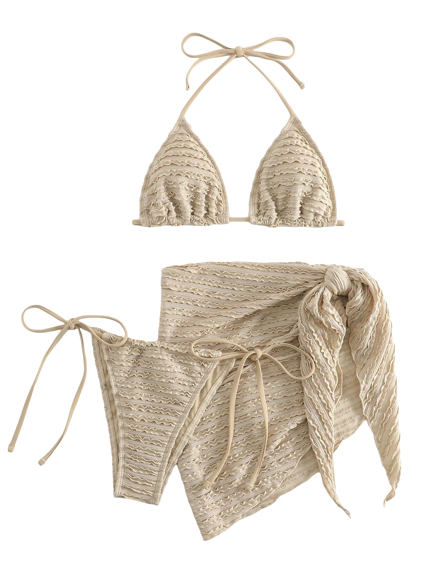 GORGLITTER Womens 3 Piece Swimsuits Halter Triangle String Bikini Set with Beach Skirt Swimwear Set