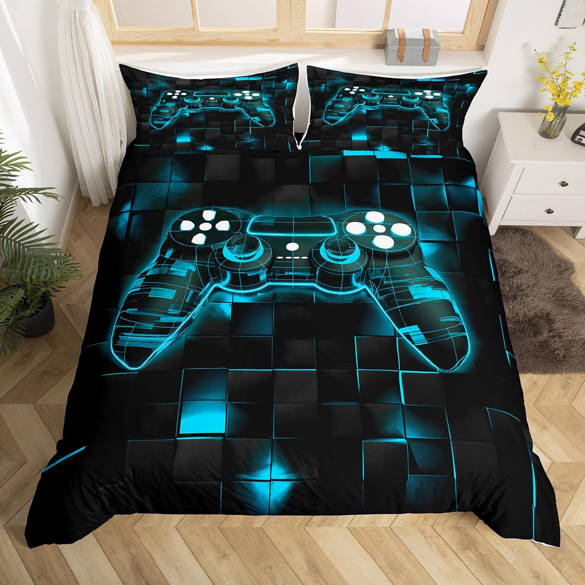 Homewish Teens Boys Gaming Duvet Cover with 1 Pillowcase - Gamer Cot Bedding Set Kids Game Room Decor - Cyan Blue Geometric Square Check Grid Quilt Cover Modern Gamepad Pattern Bed Sets Black โ image 1
