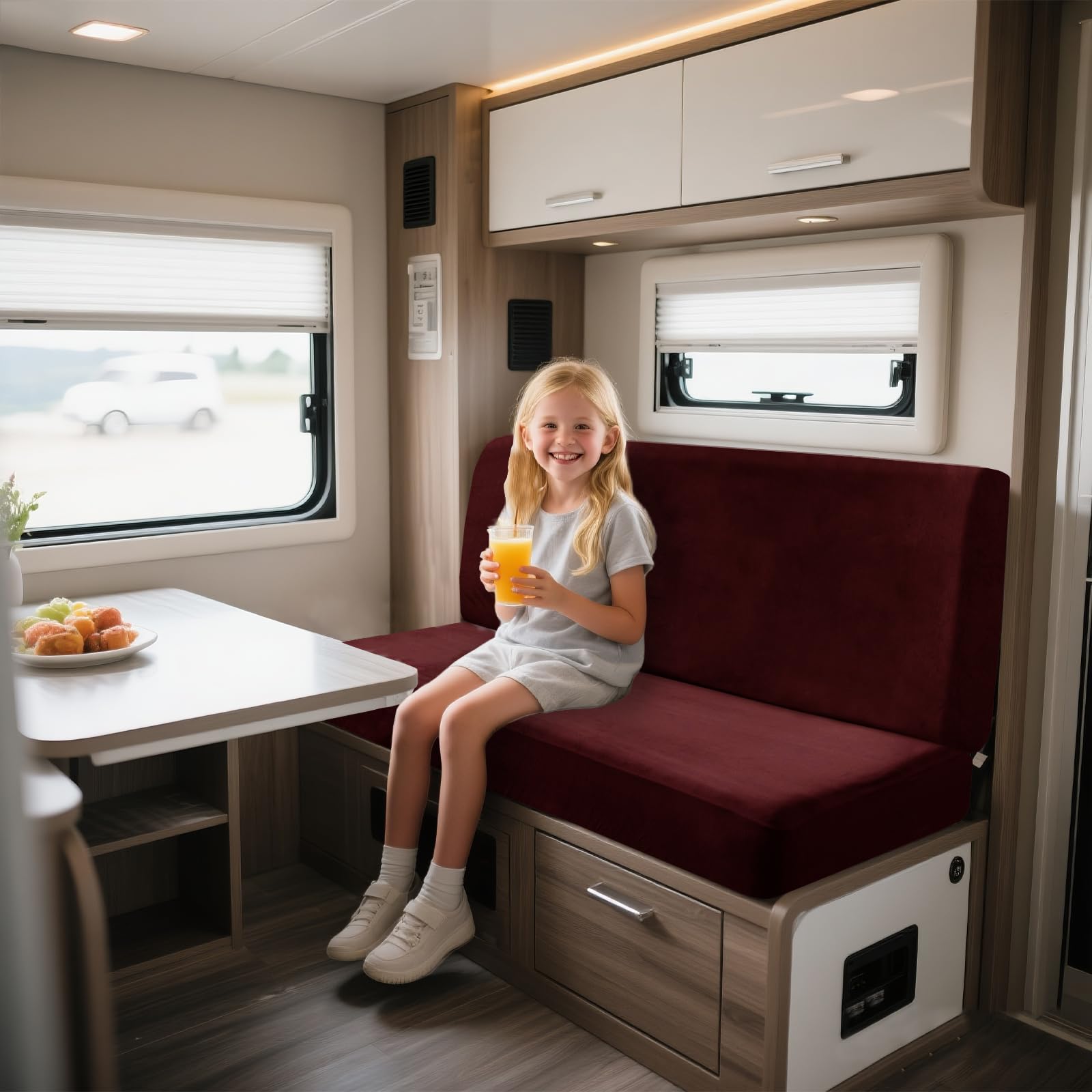 UNBBRRL Motorhome Seat Covers Stretchy Velvet, Caravan Dinette Cushion Cover Set (2pcs), RV Bench/sofa Cushion Cover with Fixing Ties (wine red,Rectangle-S)