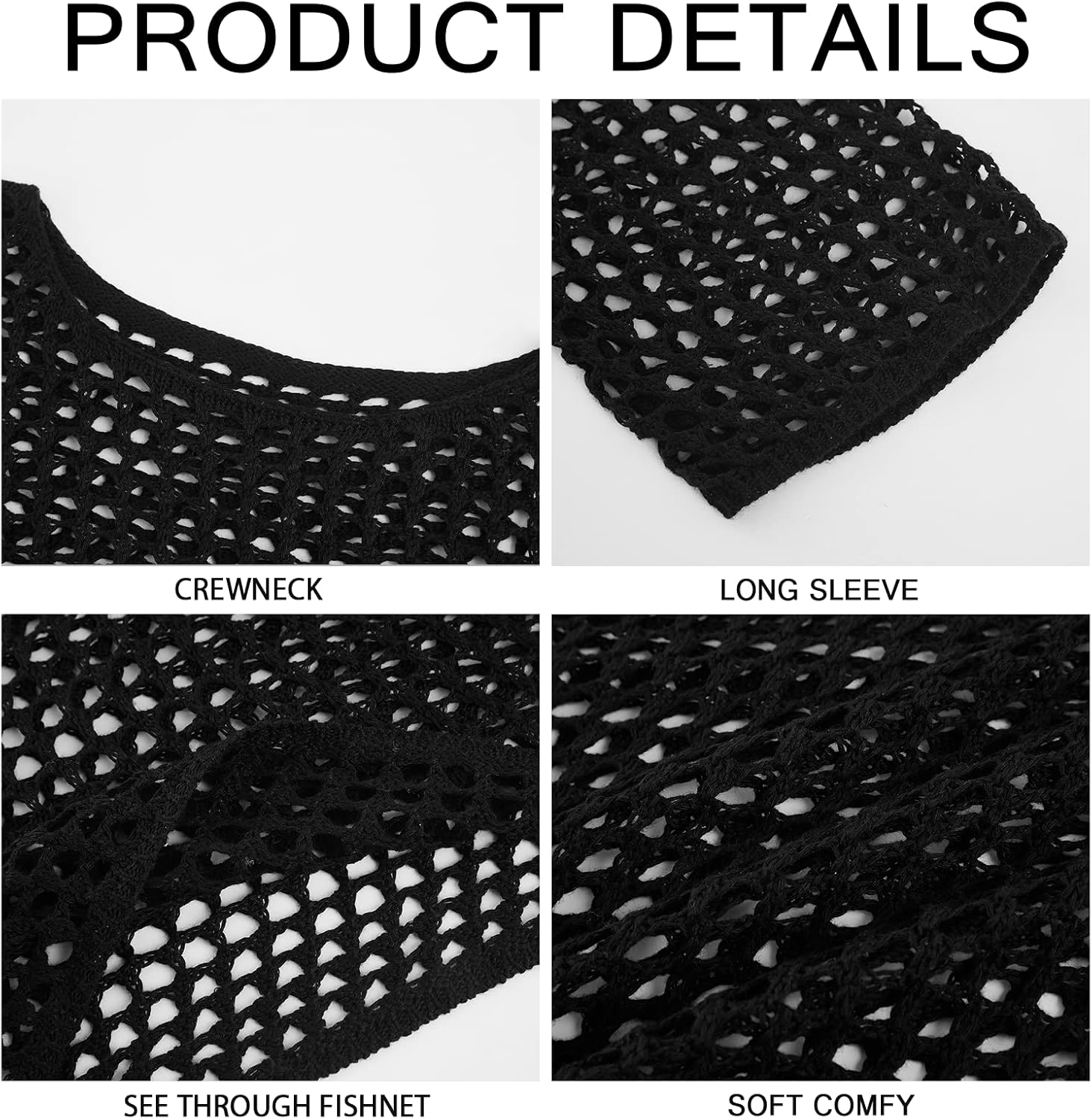 Womens Fishnet Crochet Crop Top Sexy Long Sleeve See Through Hollow Out Mesh Bikini Cover Ups - Image 4