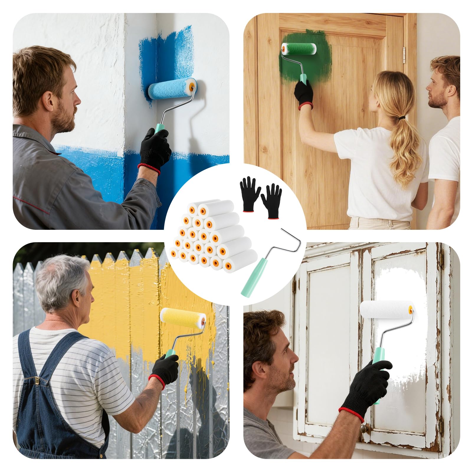 Set de 20 Rodillos Espuma Pintura, Rodillo Pintura 10cm con Mango Guante, Rodillo de Espuma, Rodillo de Pintura para Todas las Superficies Lisas, Puertas, Mesas, Paredes, Armarios