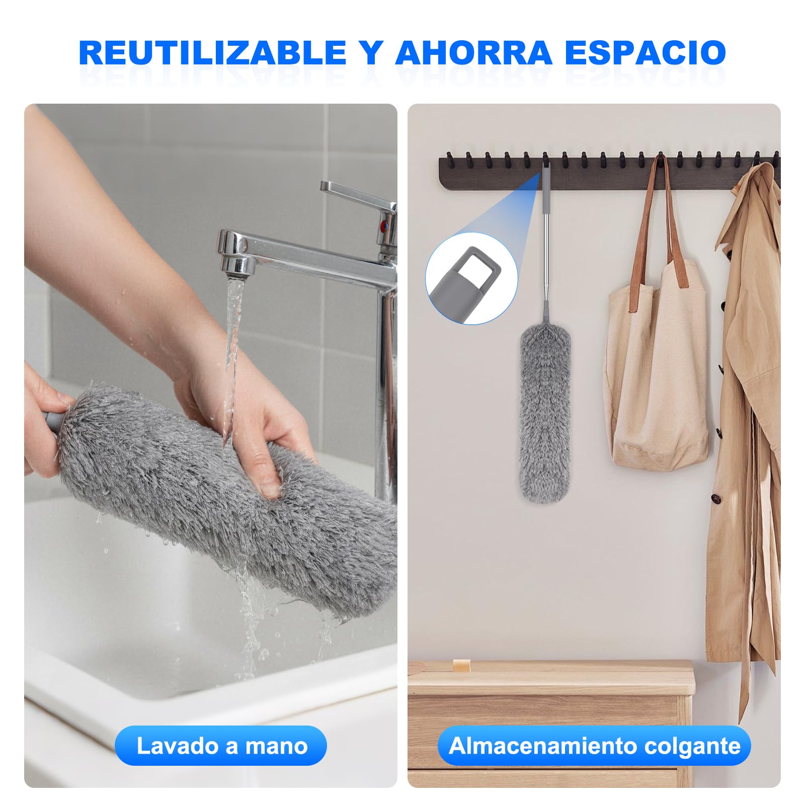 Apasiri Plumero de Plumas con Poste Telescópico Largo y 2 Cabezales de Microfibra Lavables, Herramienta de Limpieza Extensible para el Hogar, Techo y Zonas de Difícil Acceso, Sin Arañazos, Fácil de — view 5