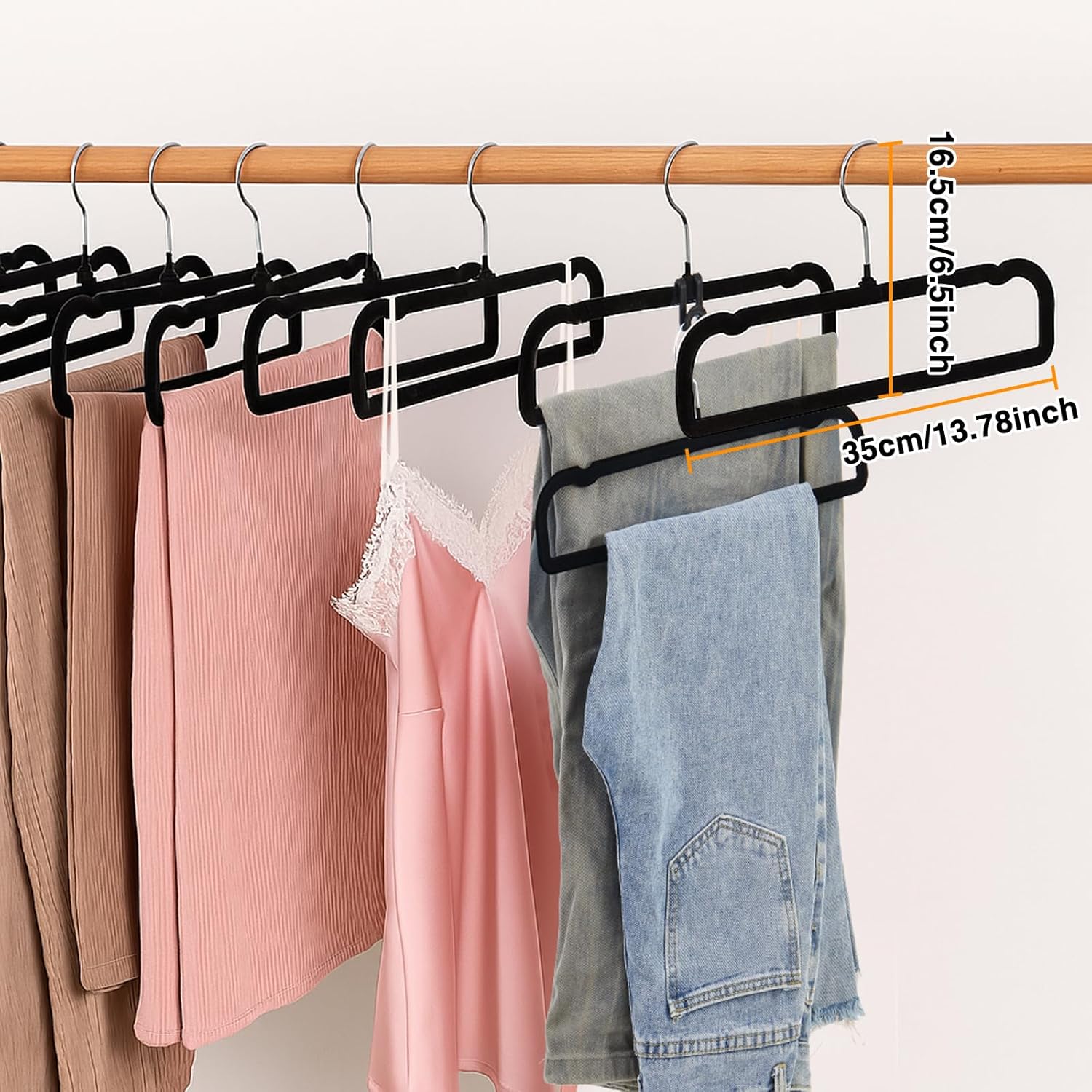 30sets/60pcs Velvet Pants Hangers Non Slip Black Felt Hangers with 30 Cascading Hooks, Space Saving 360 Degree Swivel Hook Closet Organizer for Jeans, Trousers, Leggings, Tank Top, Shorts and Skirts