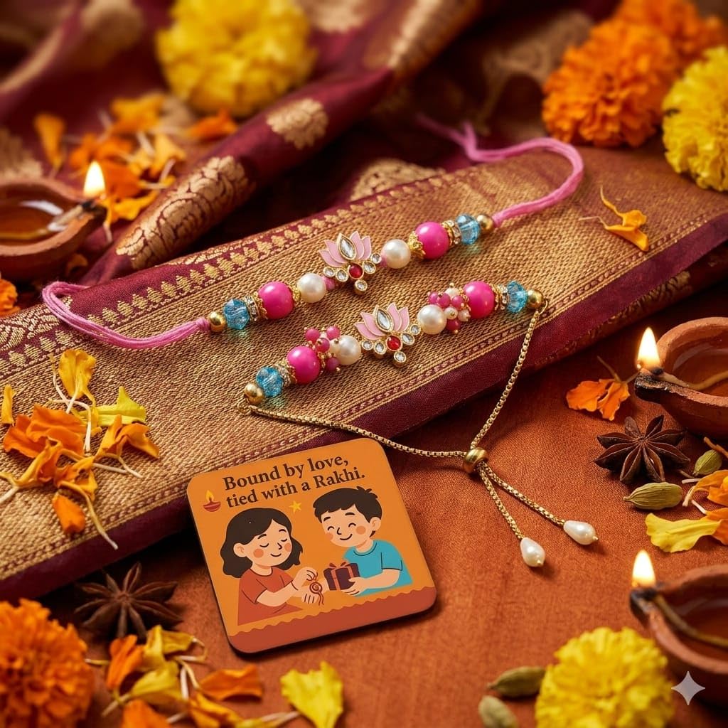 Saudeep India Decoration Fridge Magnet for Refrigerator Decor | Lotus Couple Rakhi Set for Bhaiya Bhabhi | Raksha Bandhan Gift Combo | Cotton Tread Rakhi for Brother and Bhabhi(Model 2)