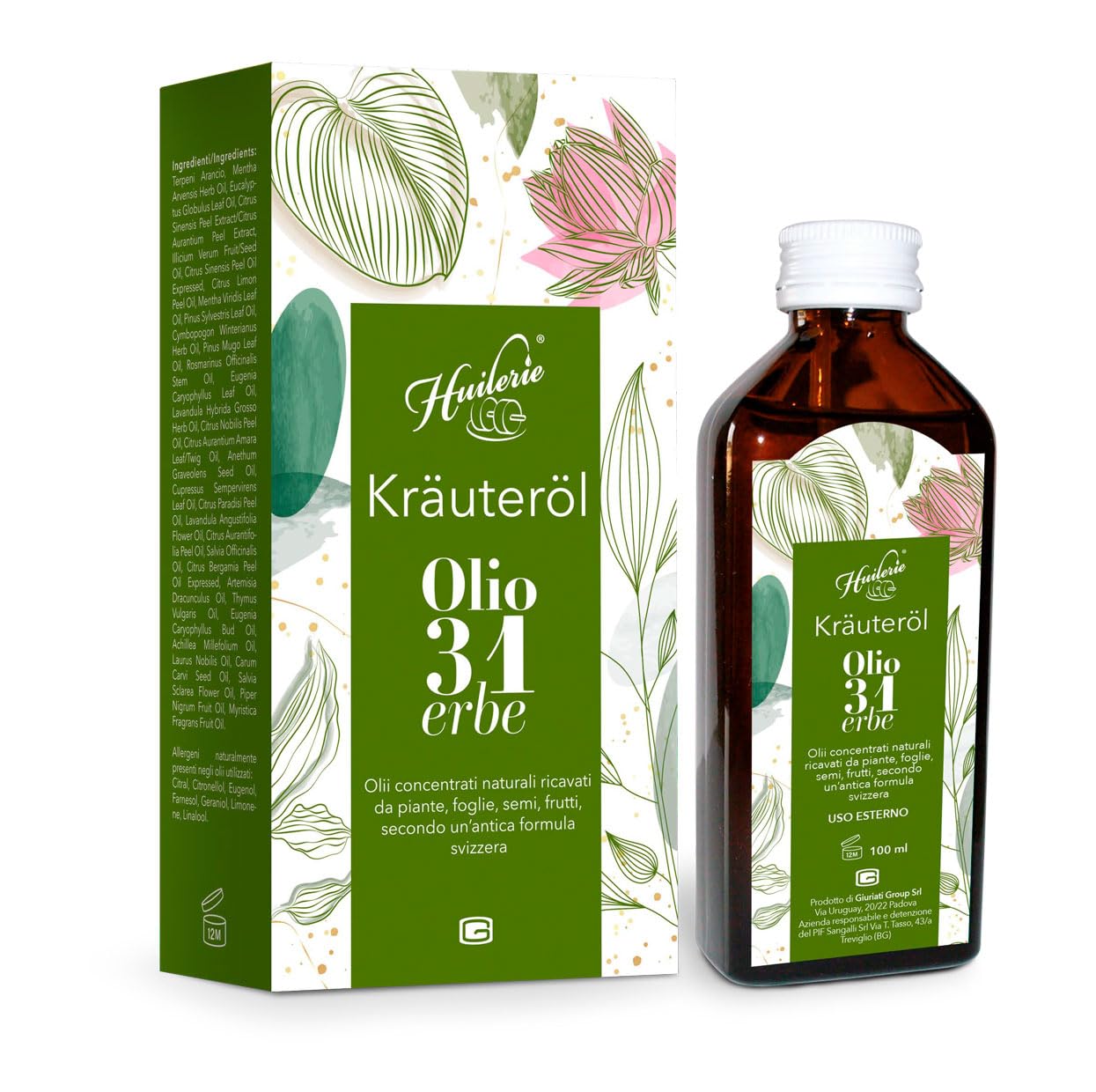 Huilerie Kräuteröl Olio 31 erbe, 100 ml. Olio concentrato con estratti naturali da 31 erbe. Formula svizzera. Ideale per massaggi corpo e piedi. Nutre la cute, deforforante per capelli e dopo barba