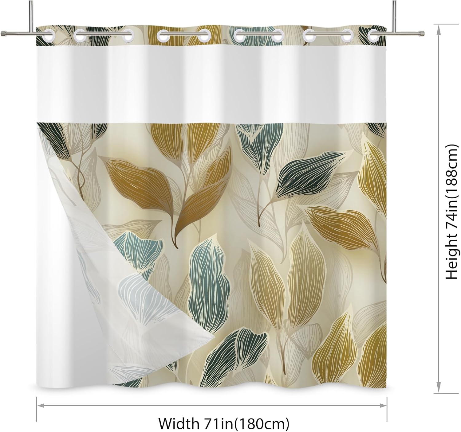 No Hook Shower Curtain,Vintage Gold Brown Leaves Double-Layered Shower Curtain with Snap-in Liner and Weights,Yellow Blue Leaves Plants Fabric Bath Curtain with See Through Mesh, 71x74in